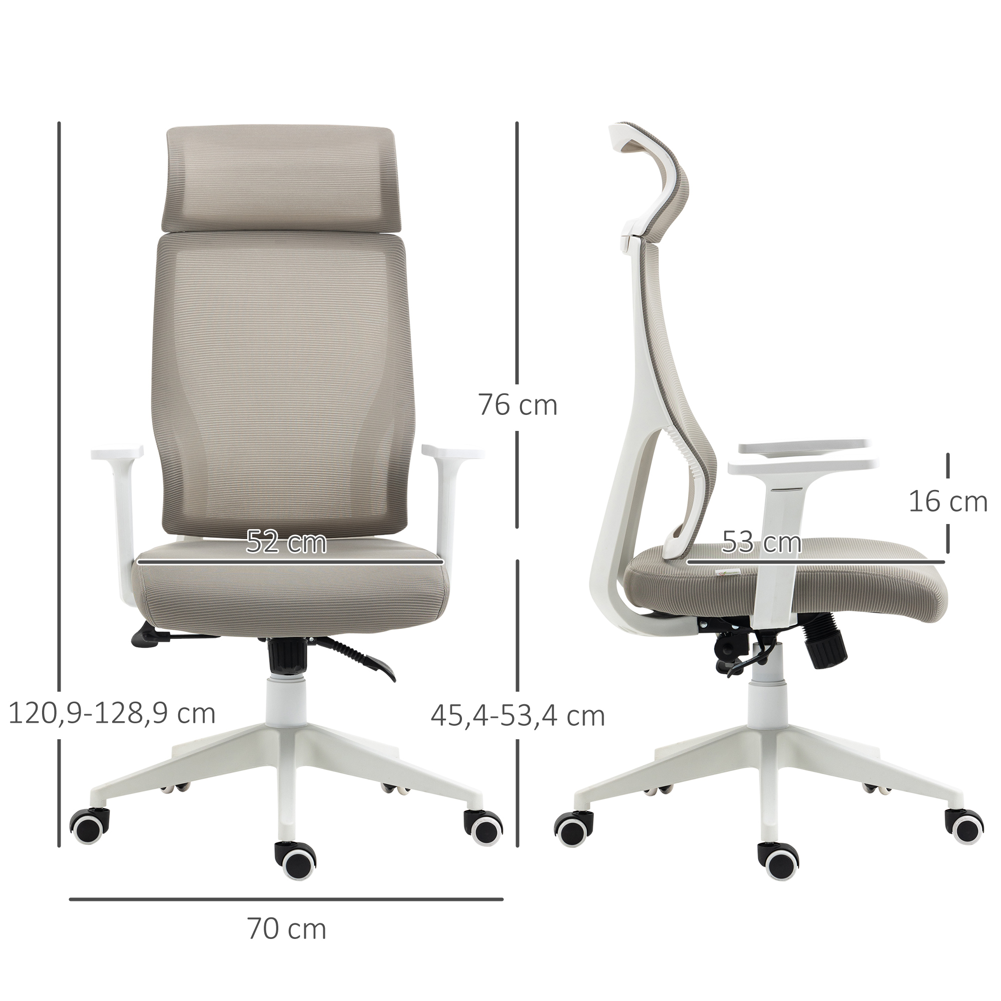 Silla de oficina gris con dimensiones etiquetadas, sobre un fondo blanco. Es una silla con respaldo alto y reposabrazos.
