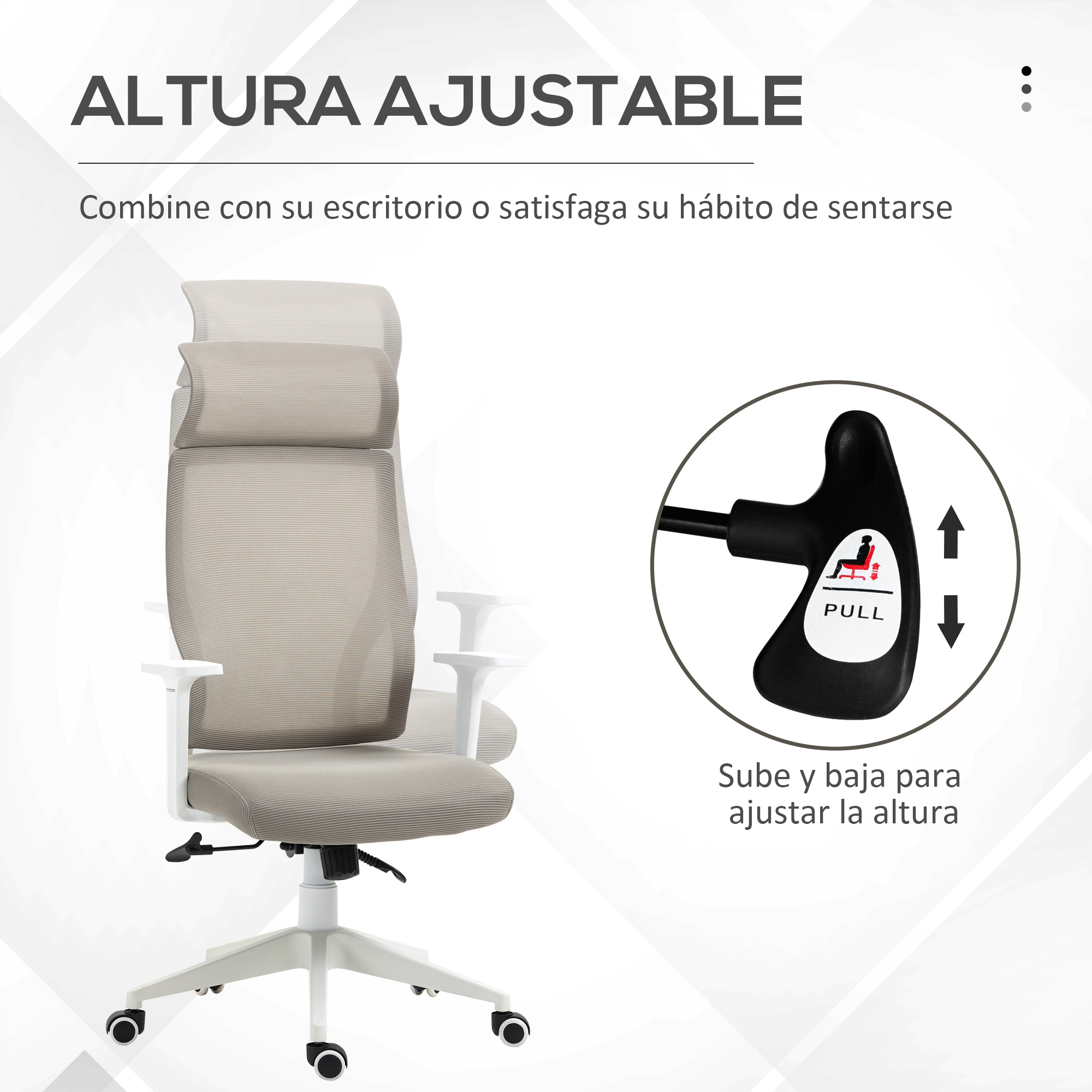 Una silla de oficina con altura ajustable y marco blanco. Muestra la manija de ajuste de altura con flechas.
