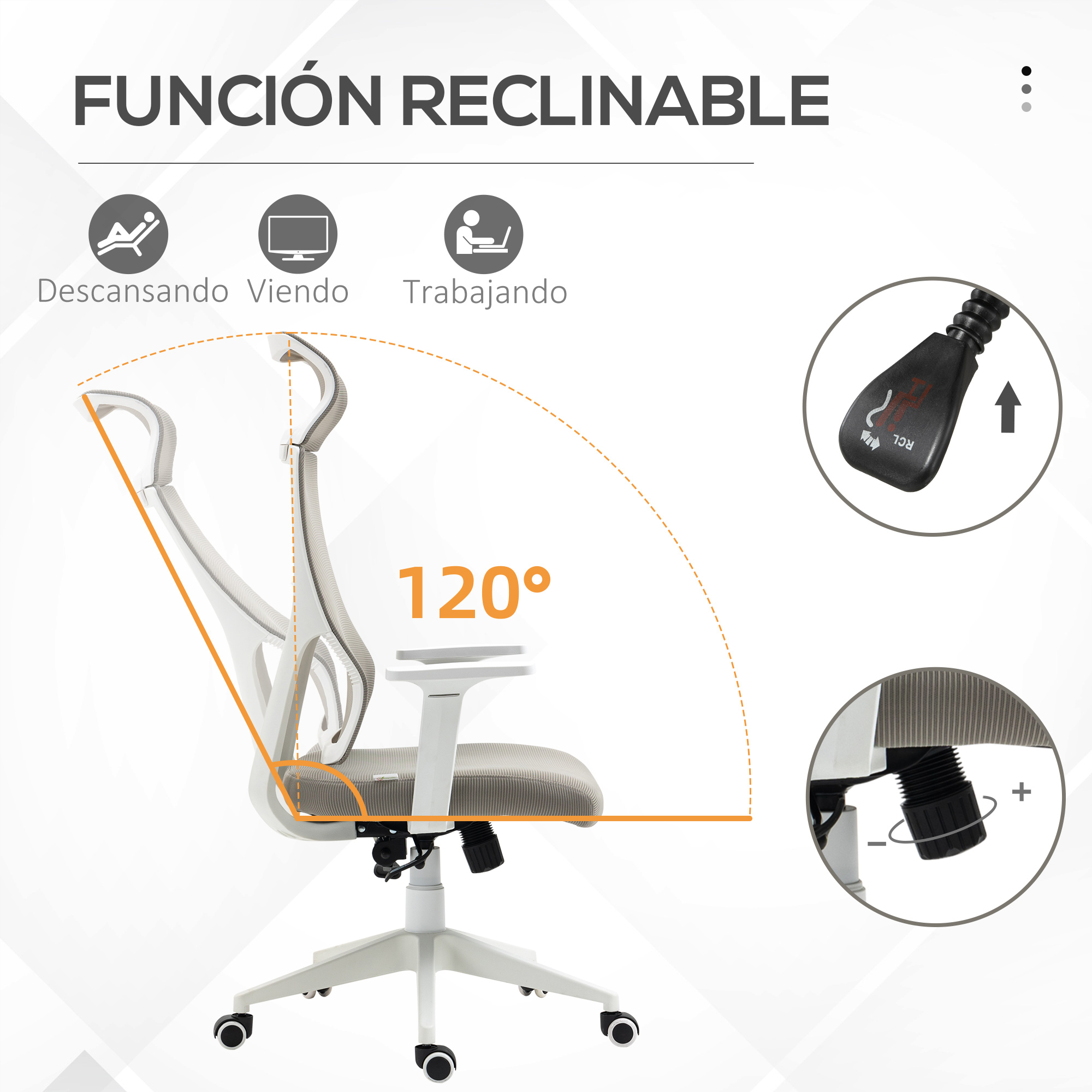 Una silla de oficina blanca con respaldo de malla gris y reposabrazos. Se reclina hasta 120 grados.