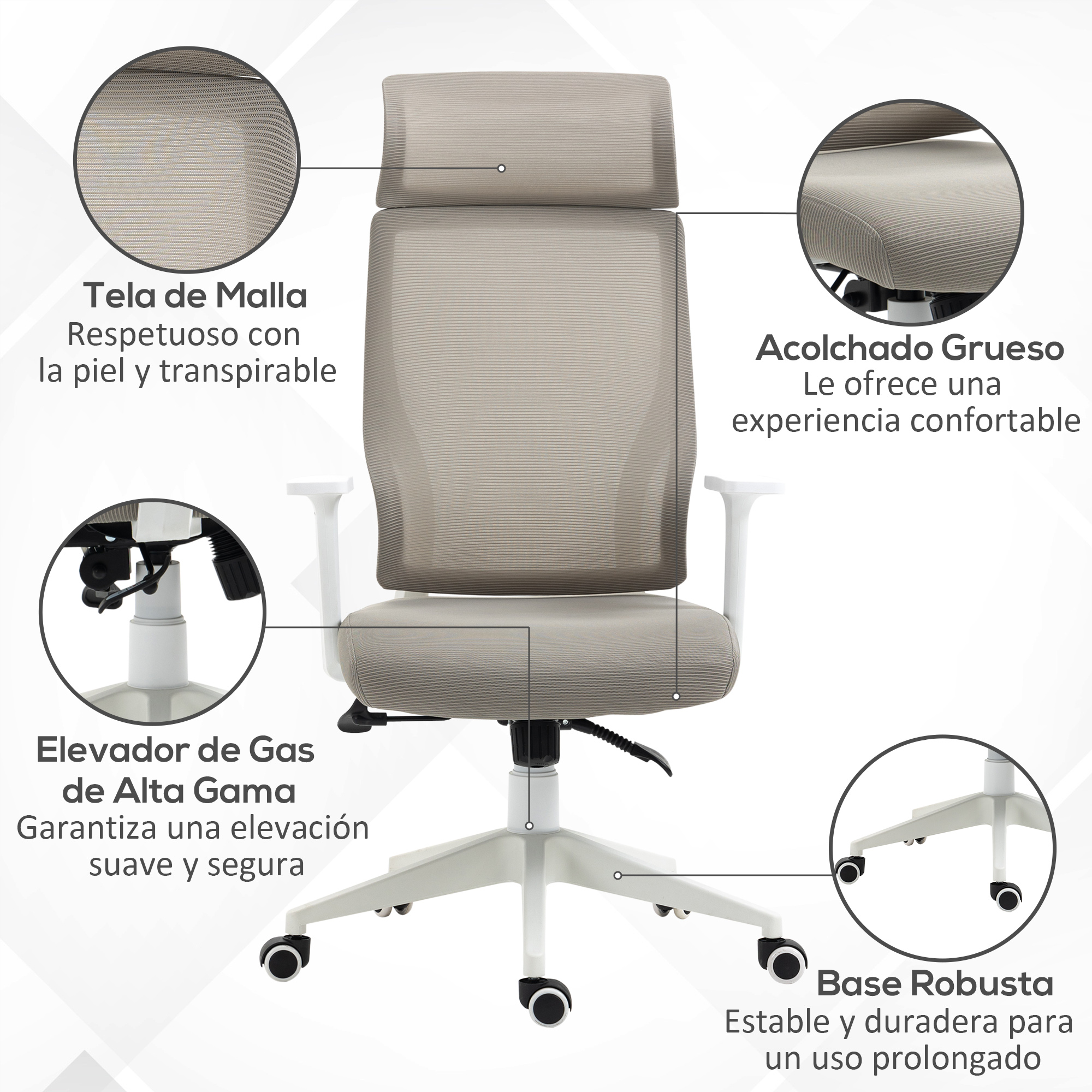 Una silla de oficina con respaldo de malla, reposacabezas y marco blanco. Incluye elevador de gas.