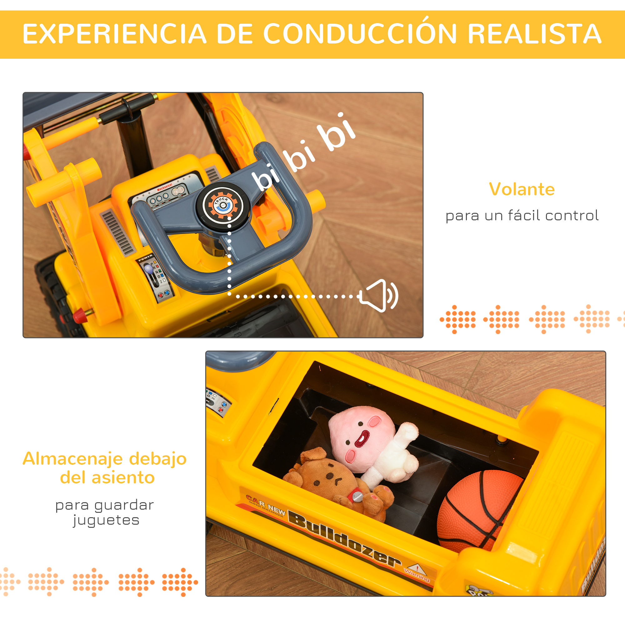 Bulldozer de juguete con sonido, almacenamiento debajo del asiento. Muestra volante y compartimento con juguetes.