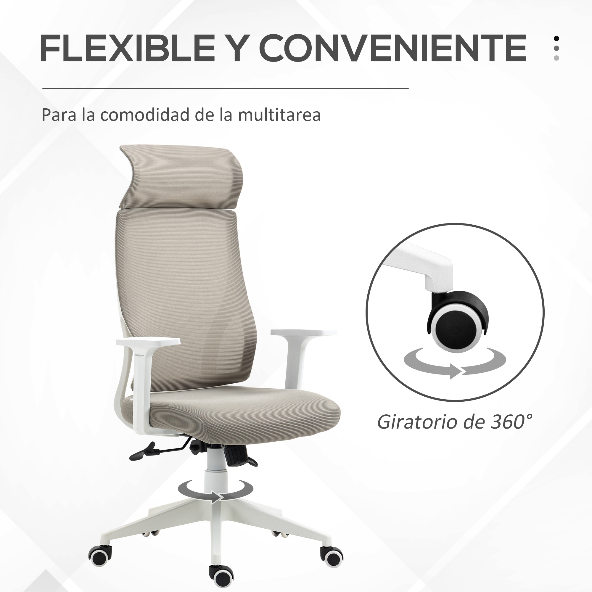 Silla de oficina de respaldo alto con tela gris y marco blanco. Se muestra una rueda con rotación de 360°.