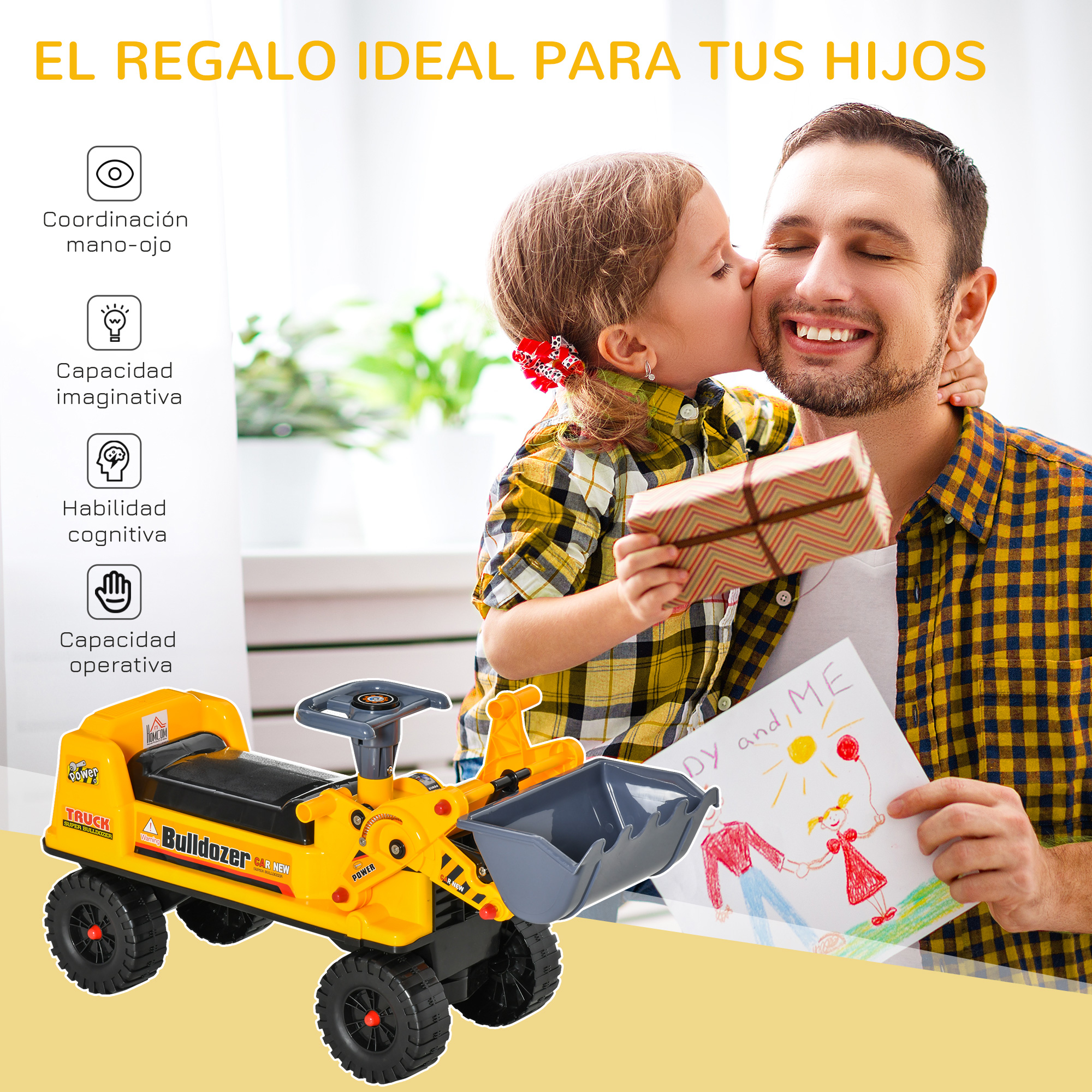 Un padre y su hija sonríen mientras juegan con un juguete. El juguete es amarillo.