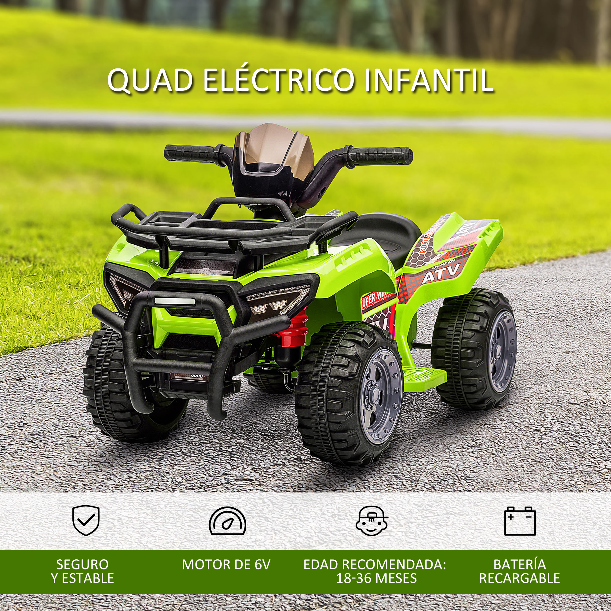 Un quad eléctrico verde para niños en un camino de grava.