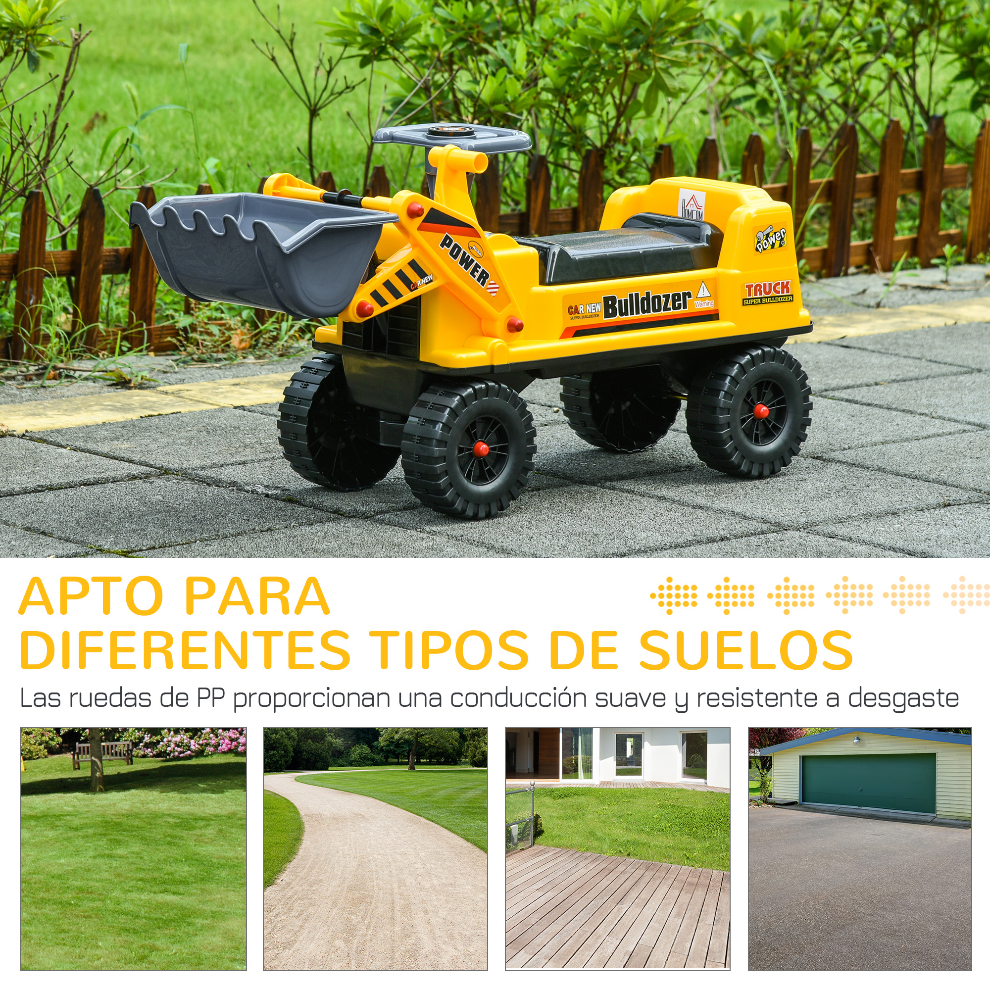 Juguete de excavadora amarilla sobre una superficie pavimentada. El fondo muestra cuatro tipos de suelo: hierba, camino, madera y garaje.