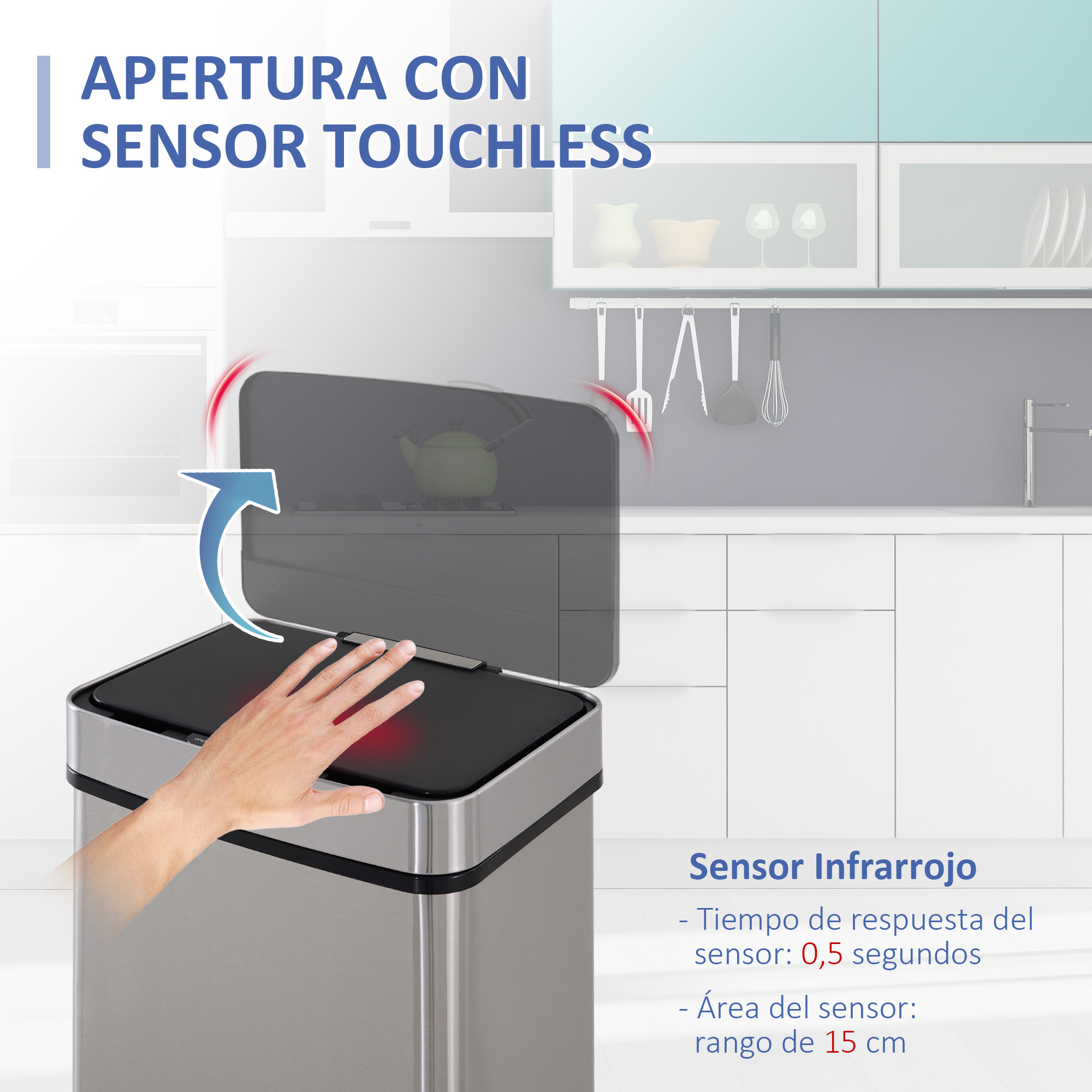 Bote de basura sin contacto, cuerpo plateado, tapa negra con una mano acercándose. Sensor infrarrojo.