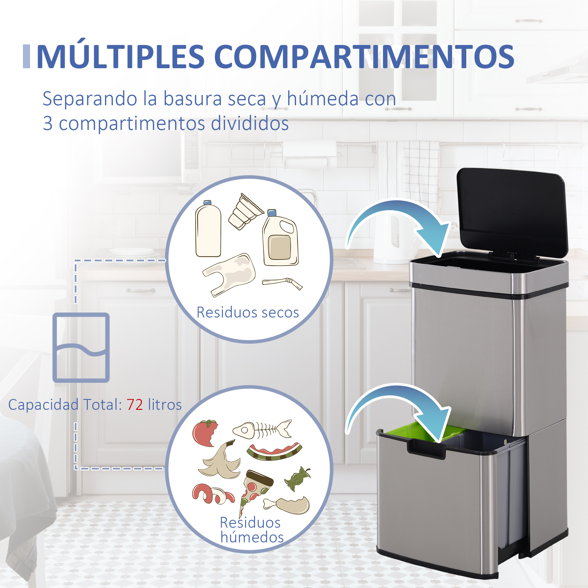 Papelera de acero inoxidable con múltiples compartimentos para la separación de residuos.