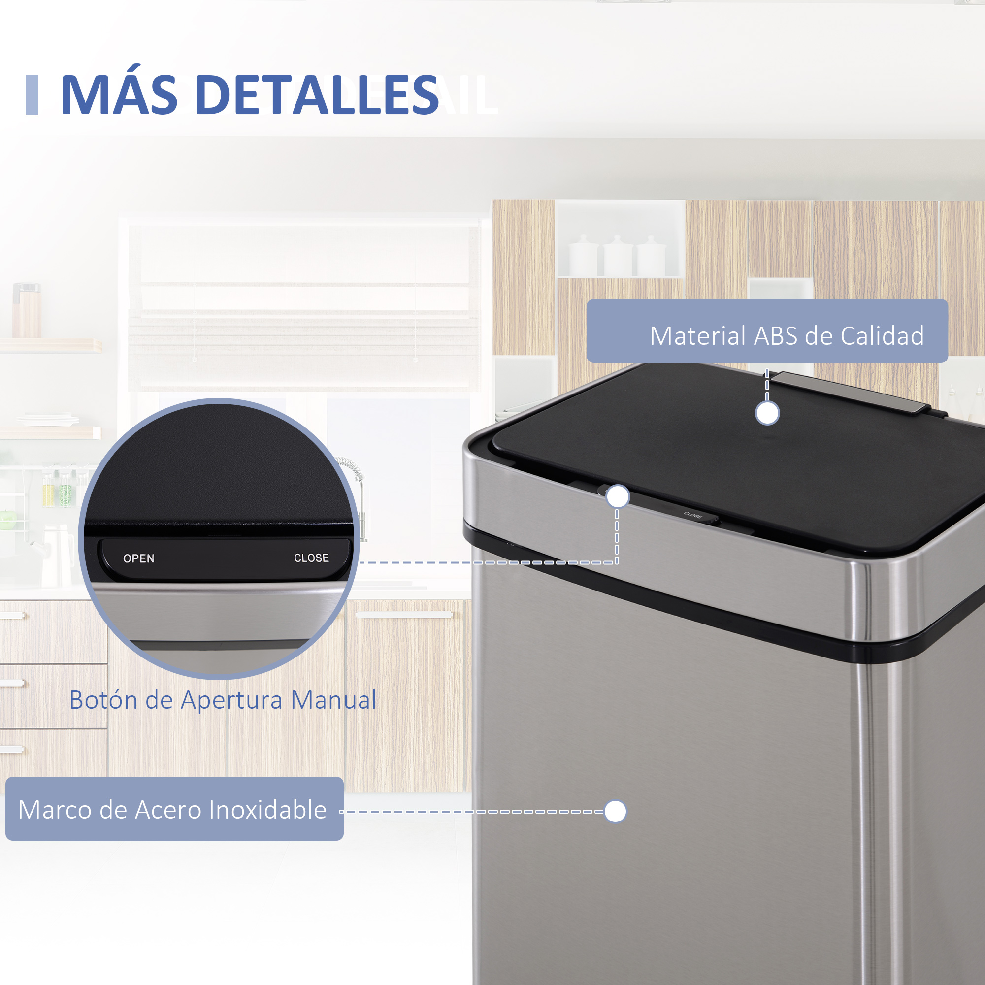 Un basurero de acero inoxidable con tapa negra. Incluye botón de apertura manual y material ABS.