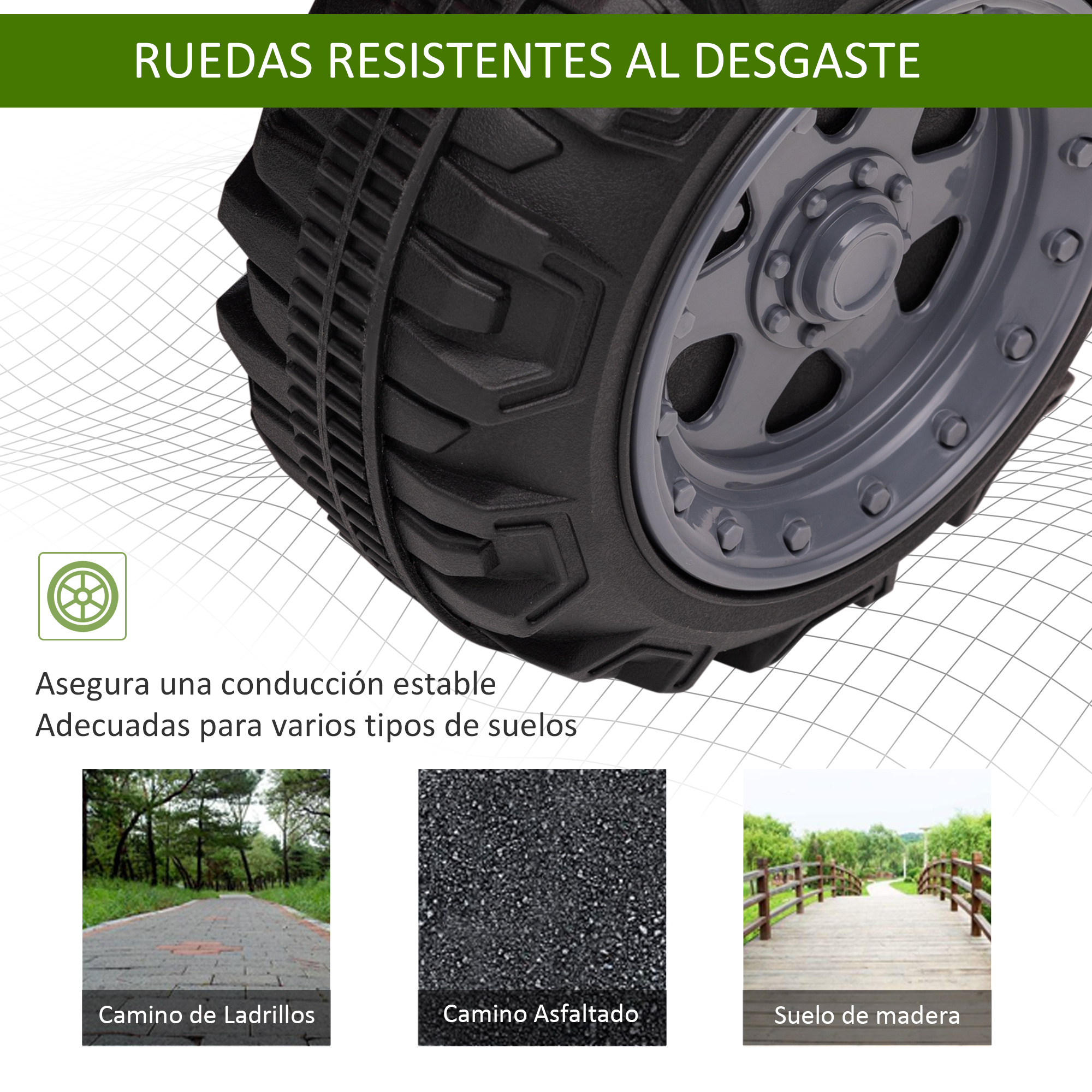 Primer plano de la banda de rodadura con tres imágenes más pequeñas que muestran superficies de ladrillo, asfalto y madera.