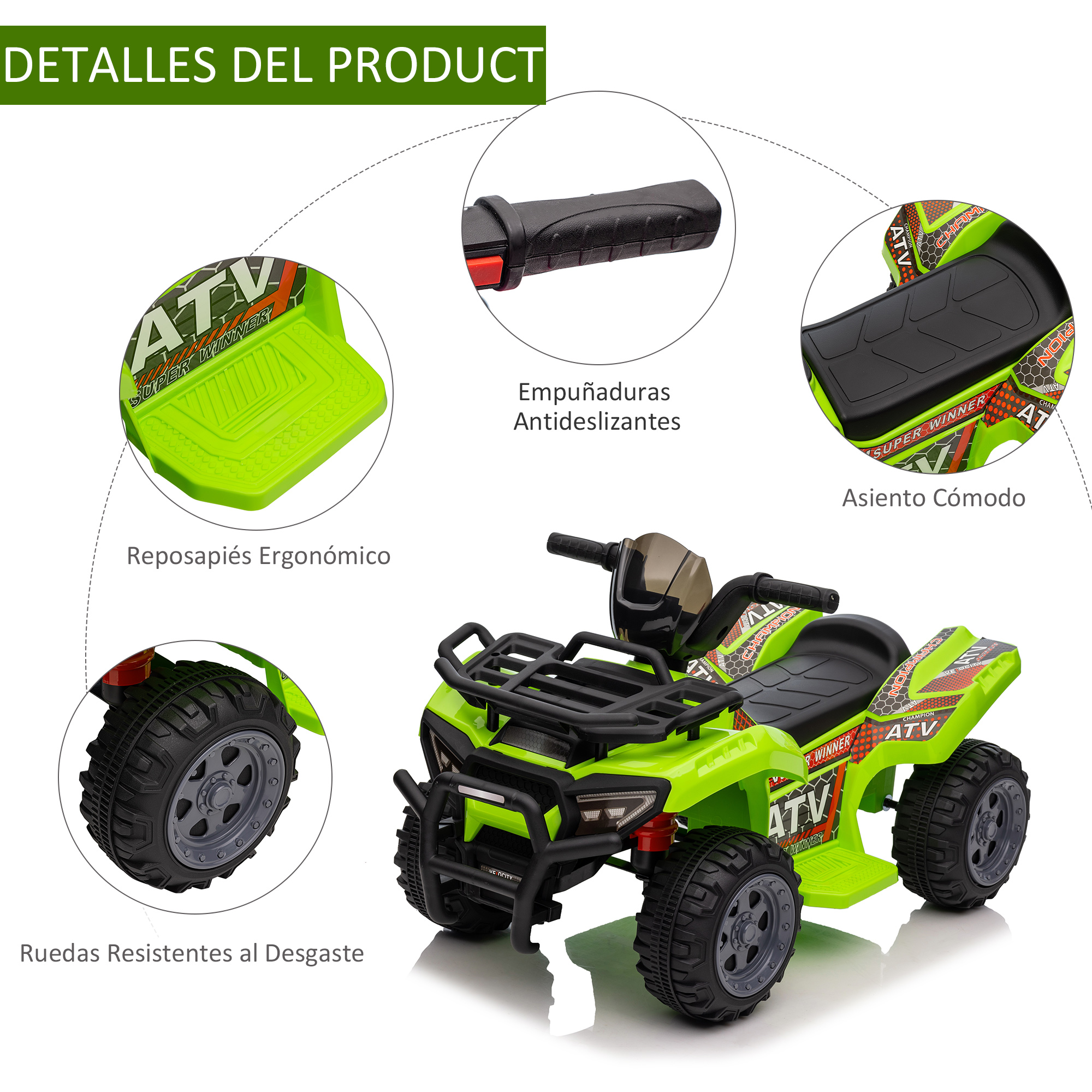 Vista detallada de un juguete ATV verde que muestra reposapiés ergonómicos, mangos antideslizantes y un asiento cómodo.
