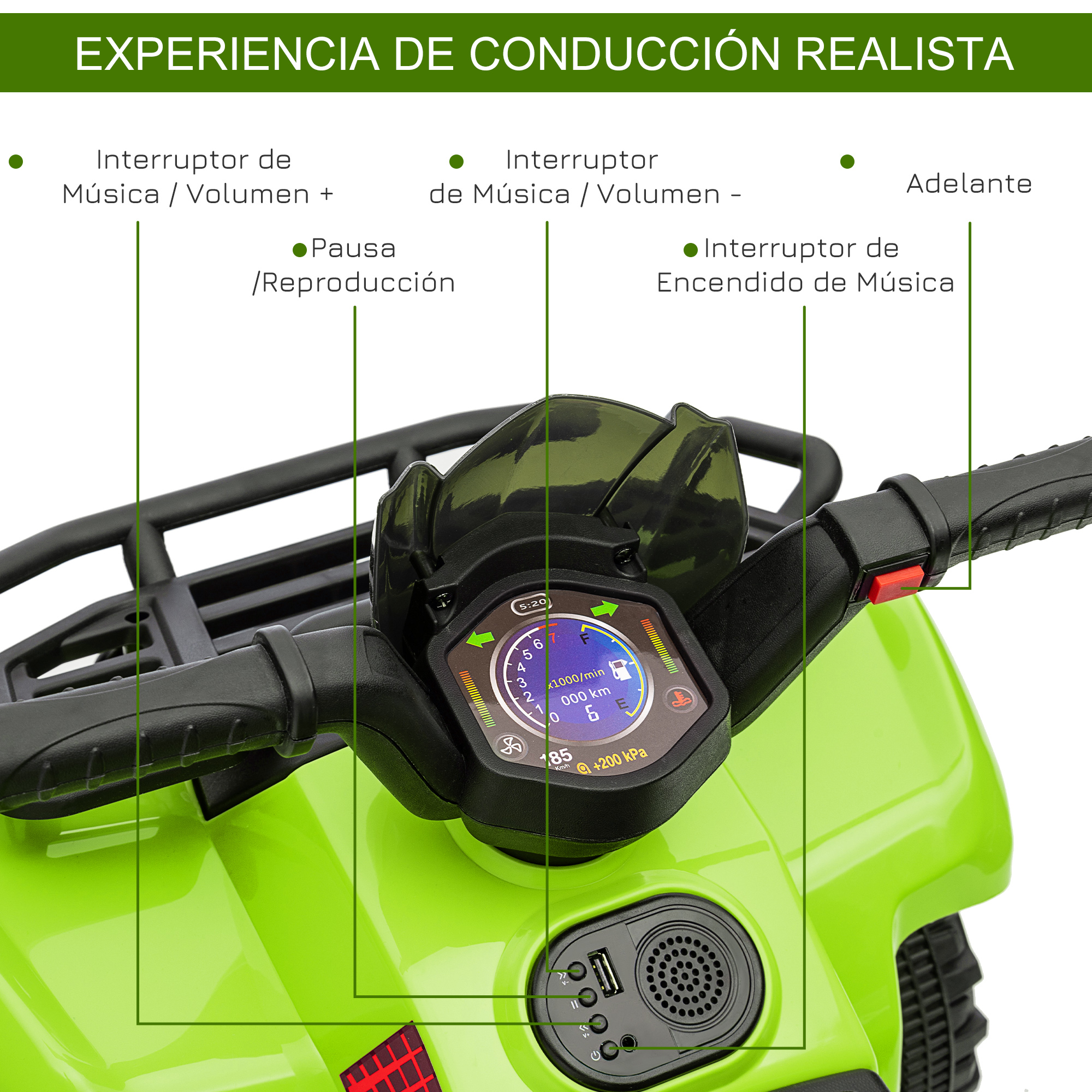 Una vista de cerca del panel de control de una motocicleta de juguete verde, destacando las funciones musicales, pausa/reproducción y música encendida/apagada.