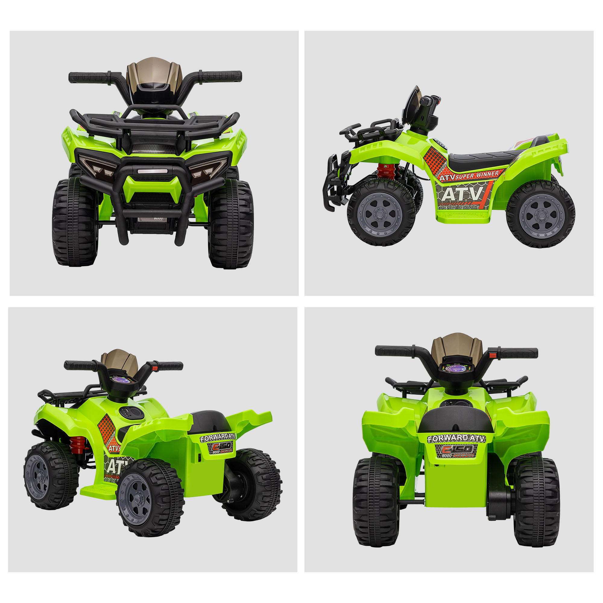Cuatro vistas de un ATV verde. Vistas frontal, lateral y trasera con detalles.