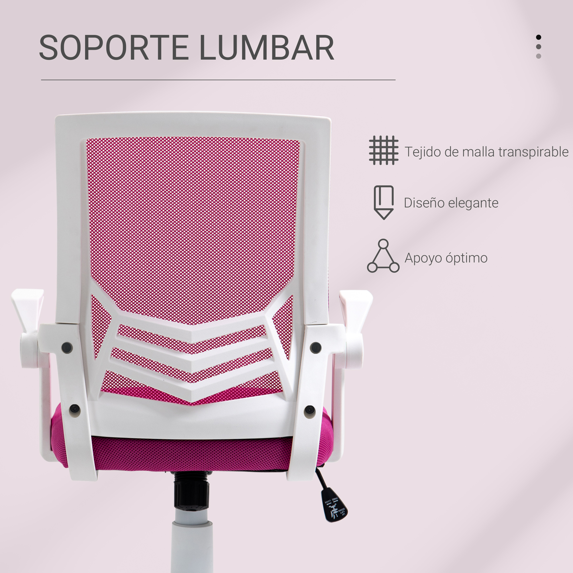 Vista trasera de una silla de oficina rosa y blanca. El texto enfatiza la malla transpirable, el diseño elegante y el soporte óptimo.