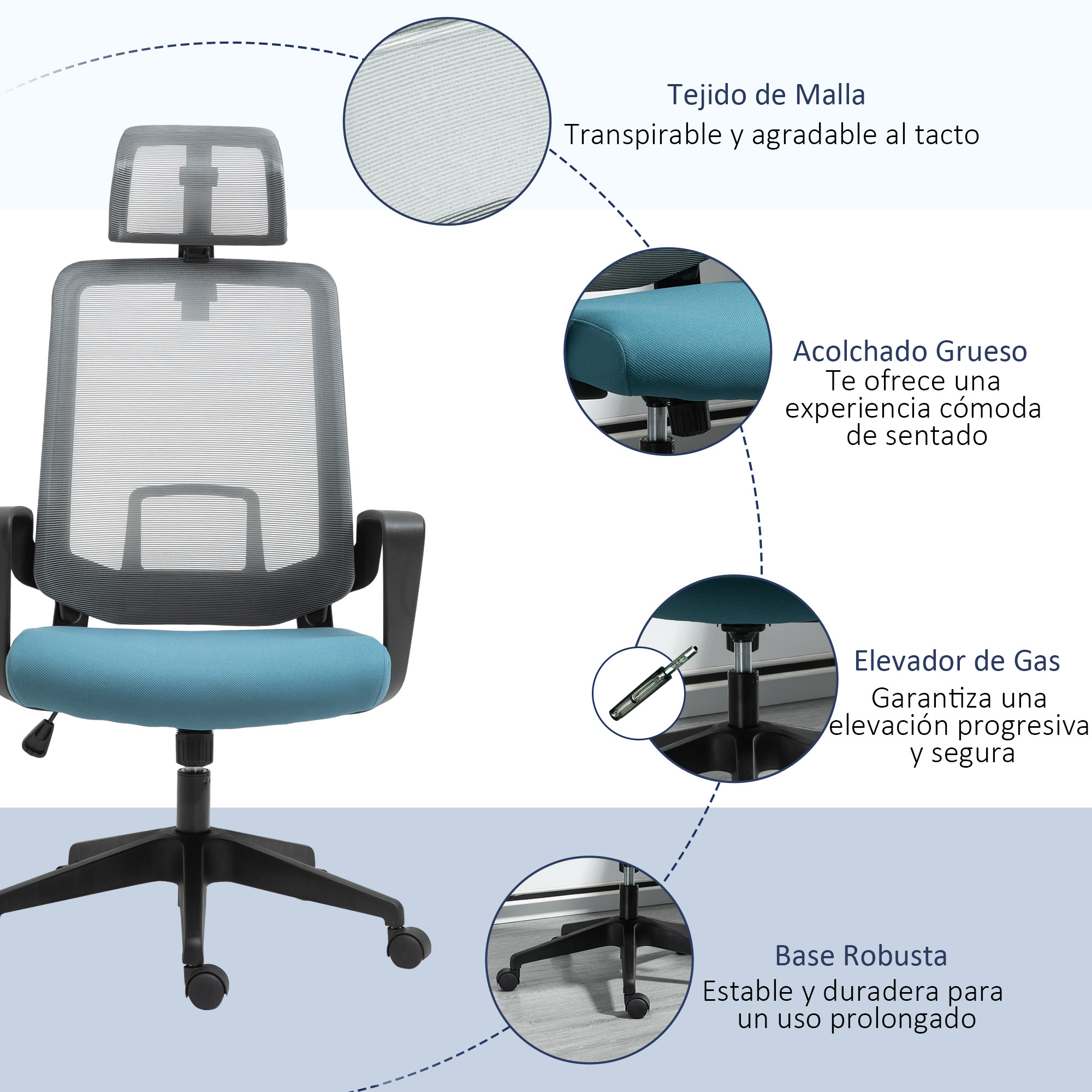 Silla de oficina ergonómica gris y azul. Características: respaldo de malla, cojín grueso, elevador de gas y base robusta.