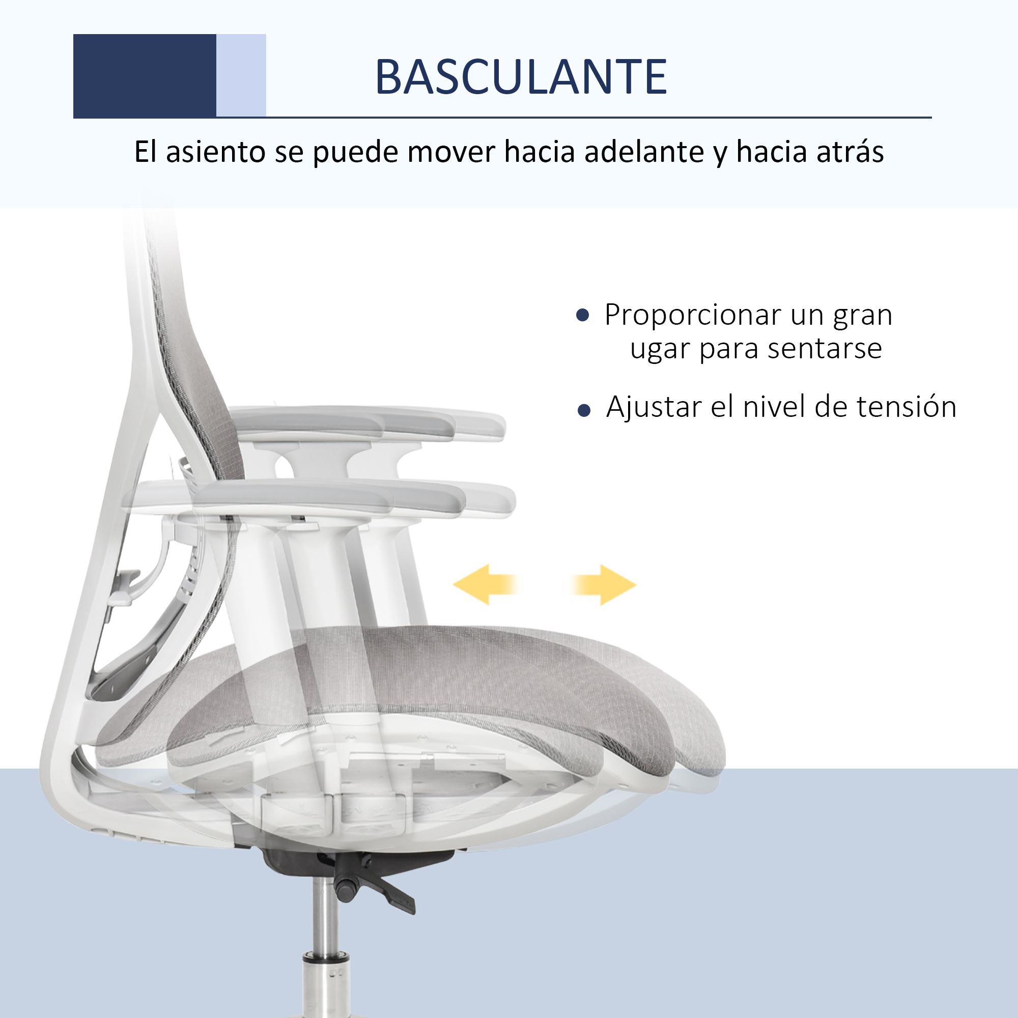 Silla de oficina blanca y gris. El asiento se mueve hacia adelante y atrás, la silla tiene tensión ajustable.
