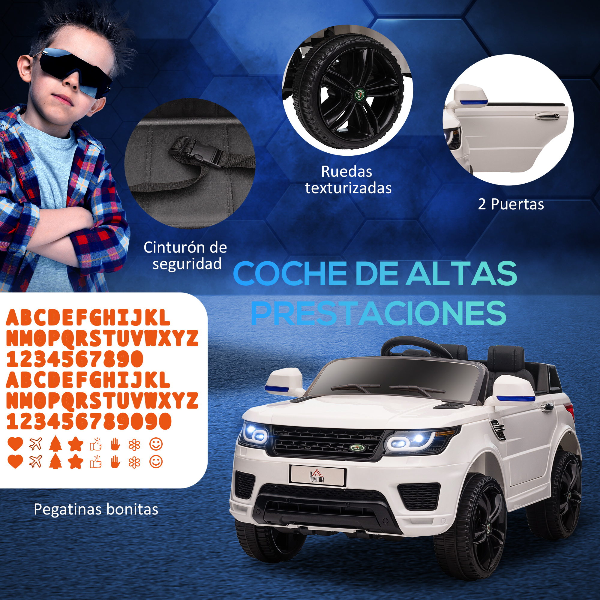 Un niño con gafas de sol con un coche de juguete, pegatinas y texto sobre un fondo azul.