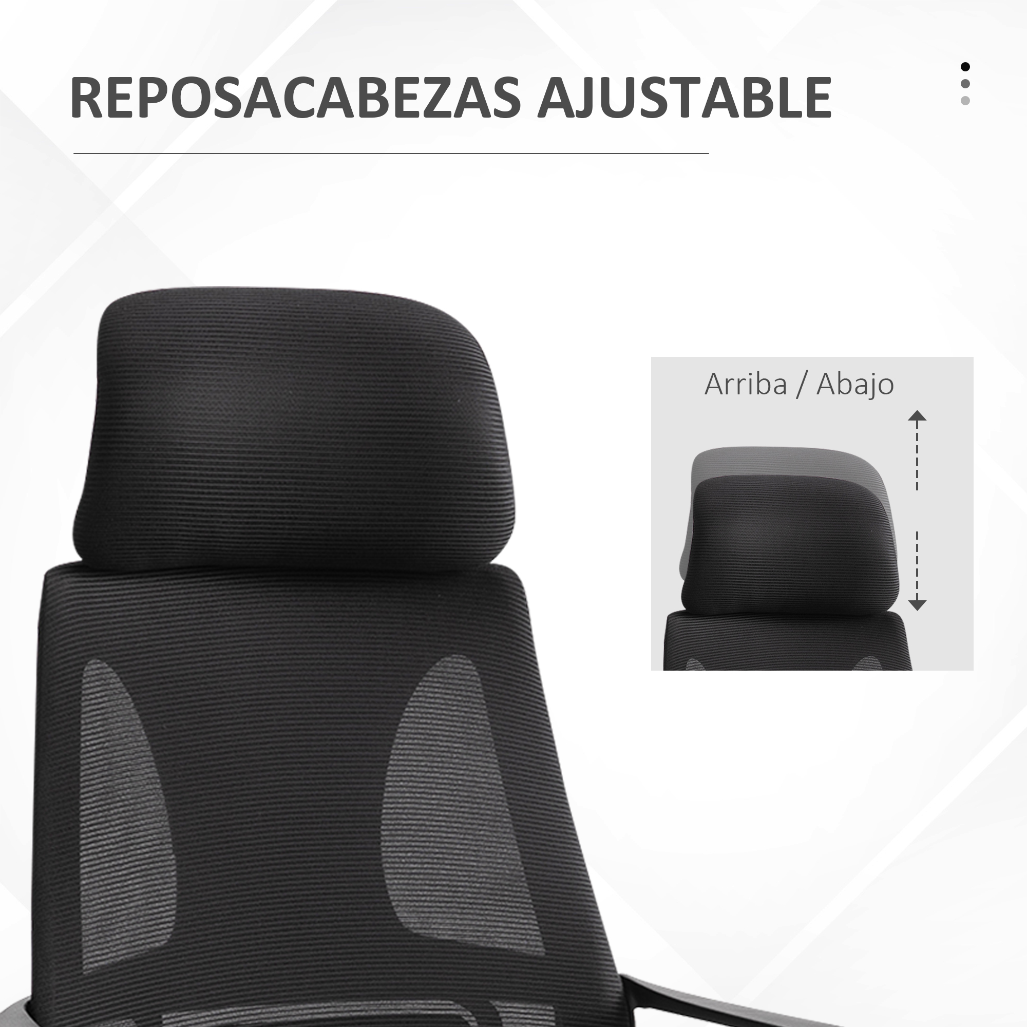 Reposacabezas de silla de oficina de malla negra. Una imagen muestra el ajuste del reposacabezas hacia arriba y hacia abajo.