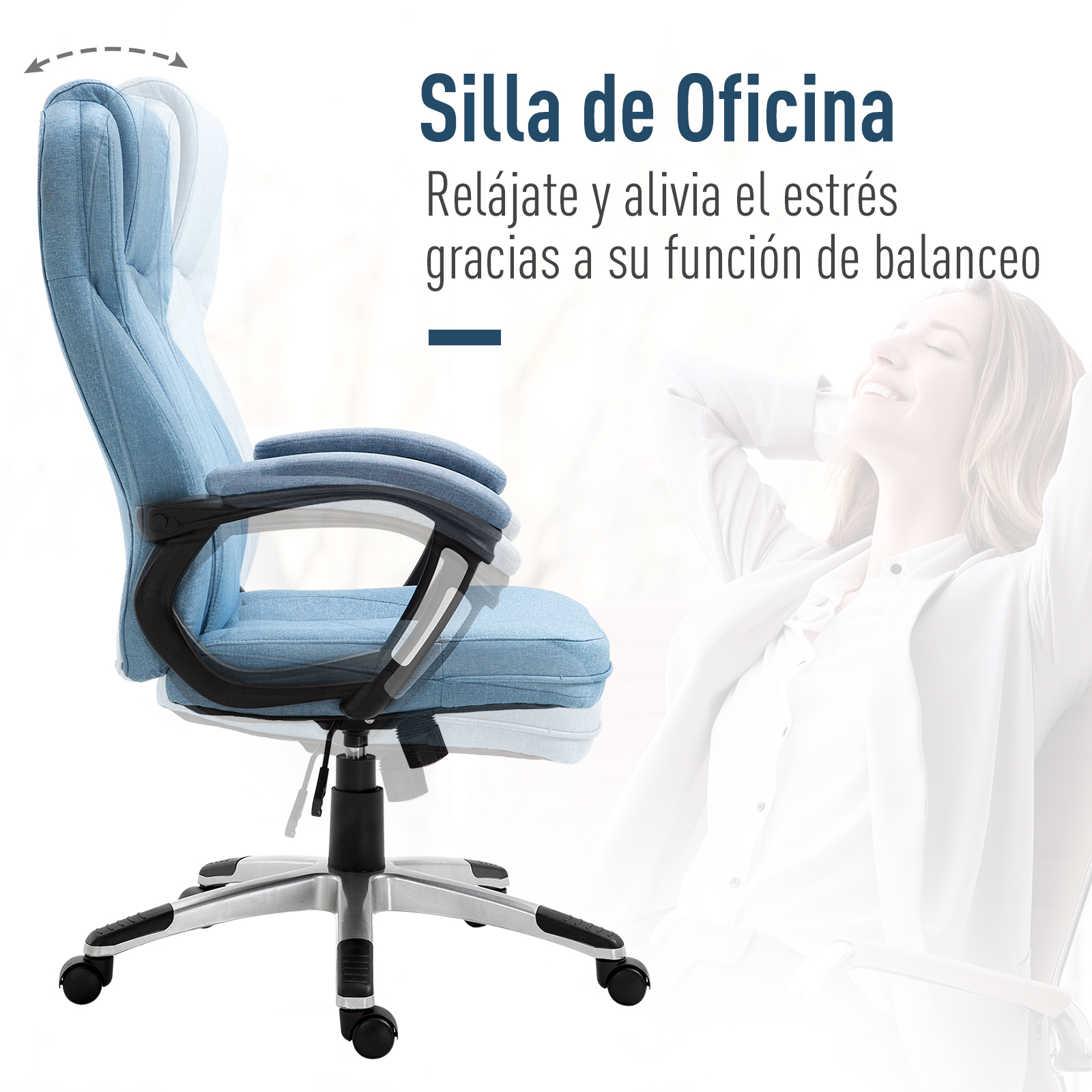 Silla de oficina azul, con imagen borrosa de una mujer en el fondo, mostrando su función de respaldo ajustable.