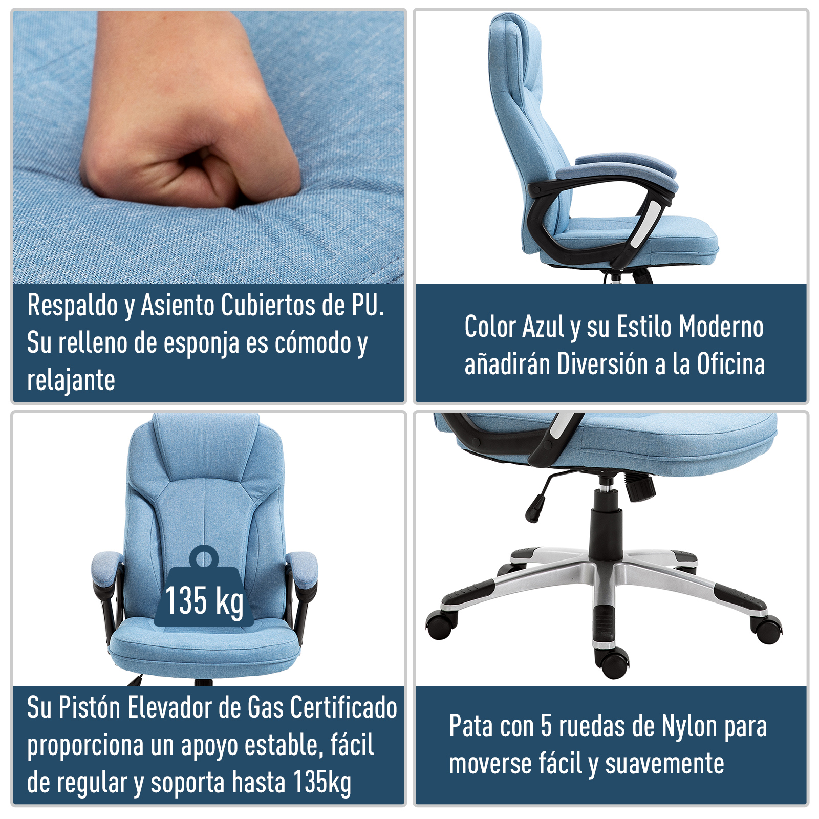 Características de la silla de oficina: respaldo y asiento de PU, tela azul, límite de peso de 135 kg.