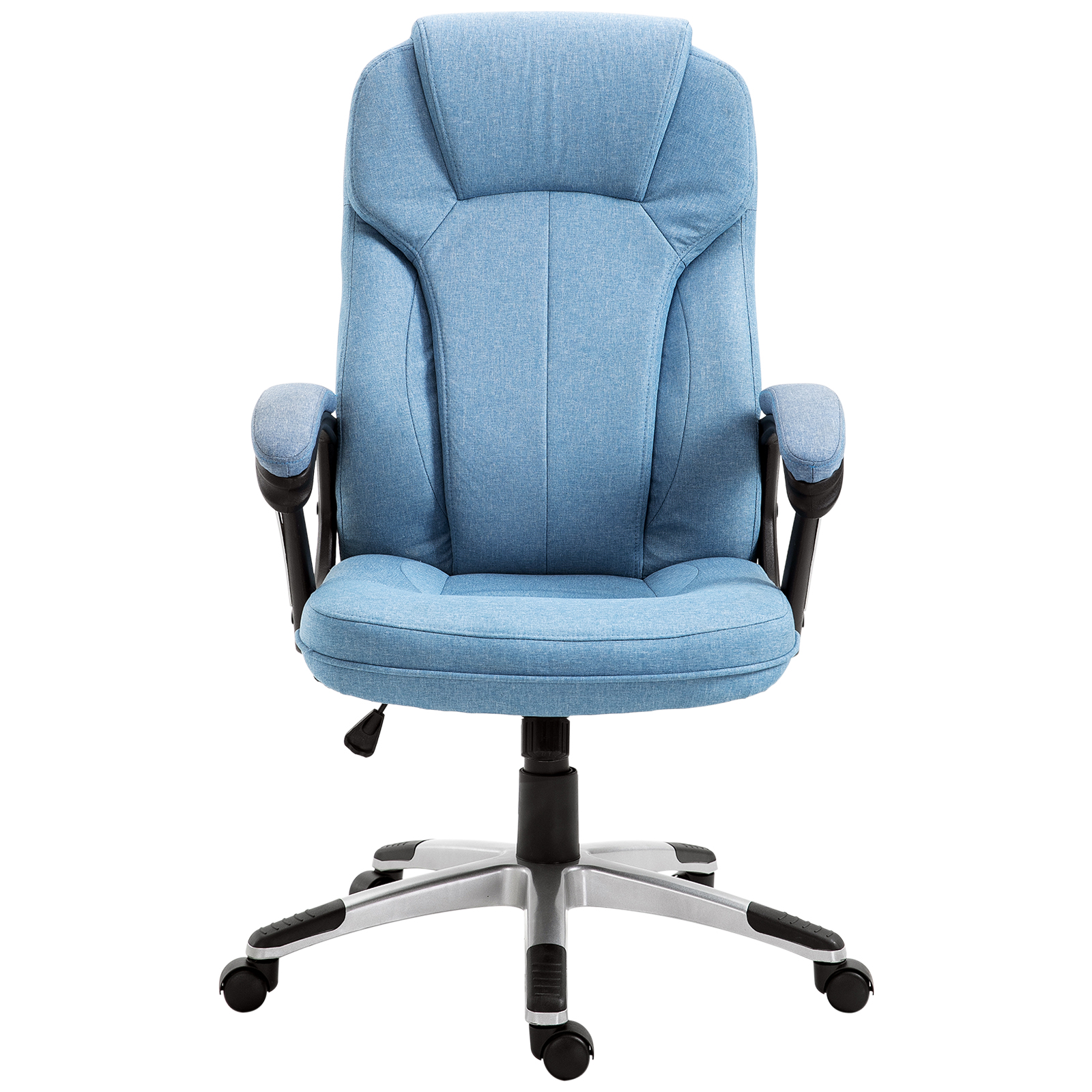 Una silla de oficina azul con respaldo alto, reposabrazos negros y base plateada.