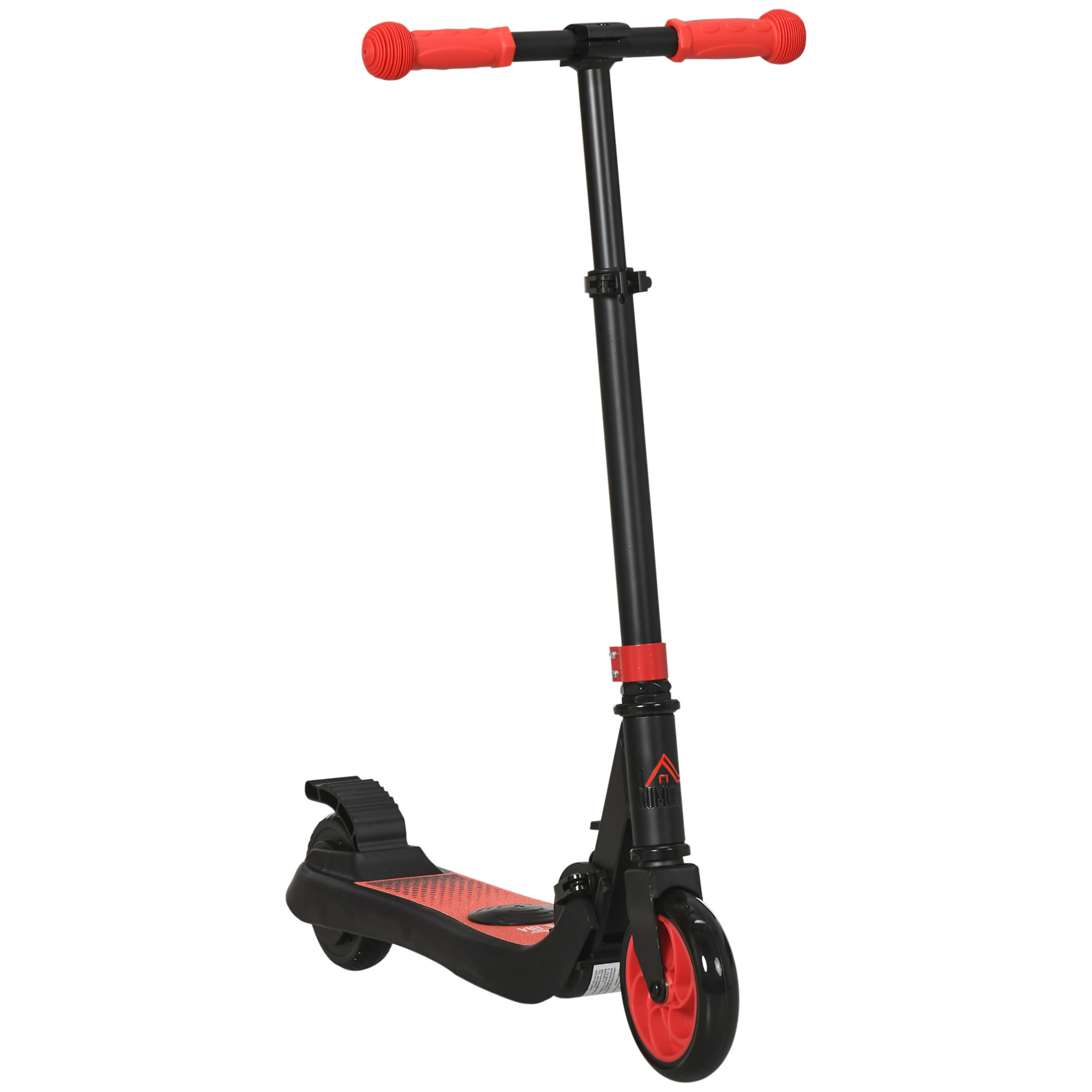 Scooter nero e rosso, manopole e ruote rosse, base nera.