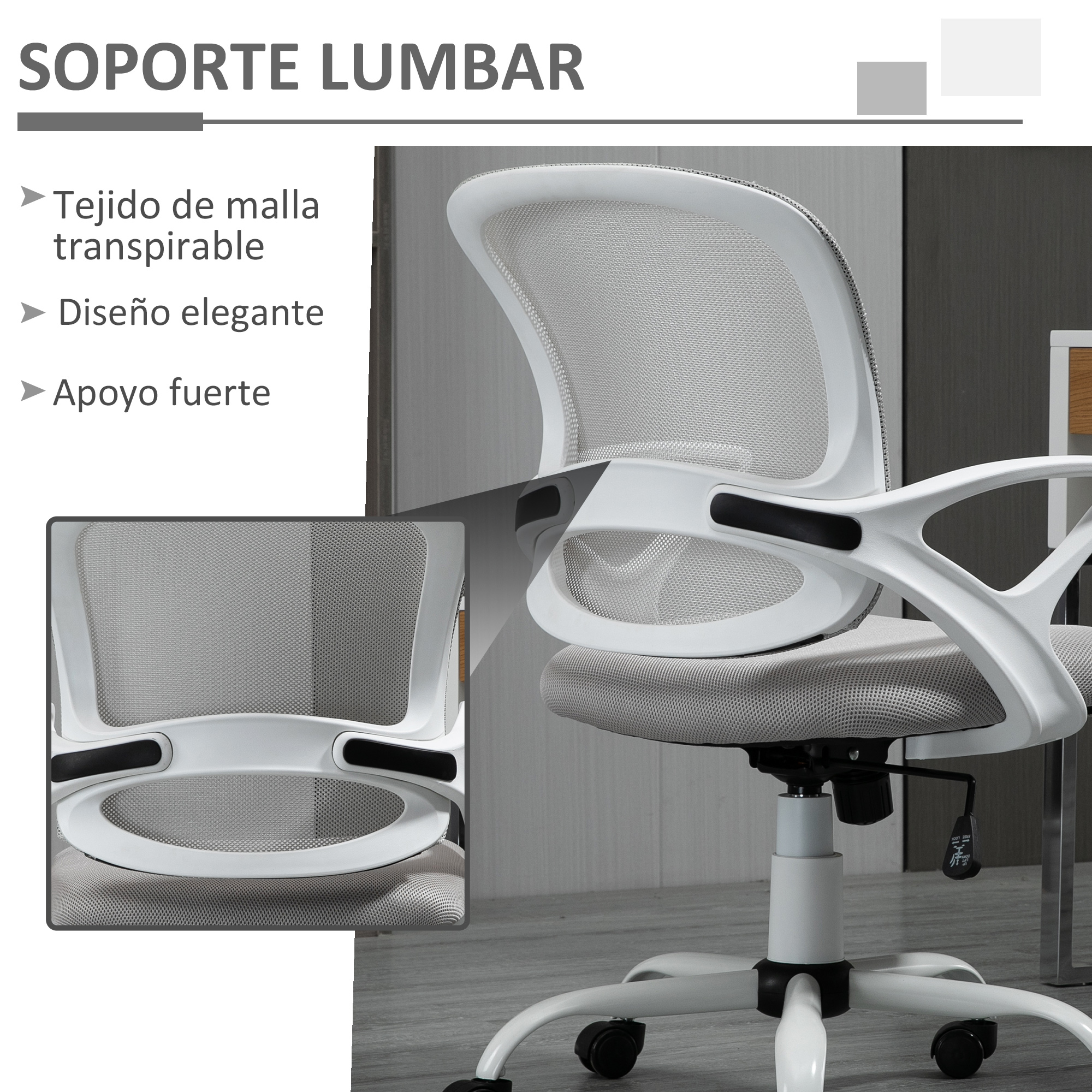 Primer plano del respaldo de una silla de oficina con malla transpirable y soporte lumbar.
