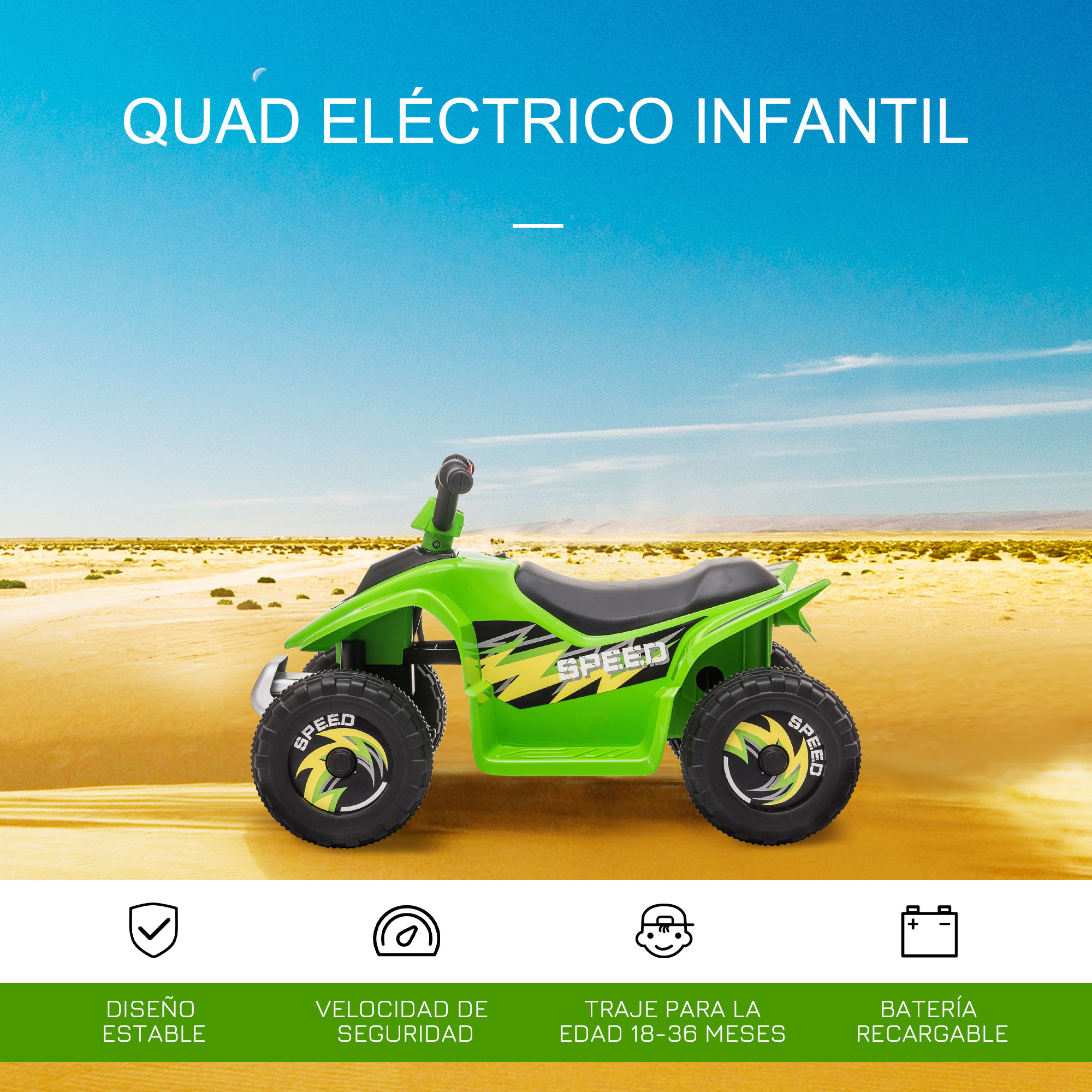 Quad de juguete verde sobre arena. Características: diseño estable, velocidad segura, edad 18-36 meses y batería.