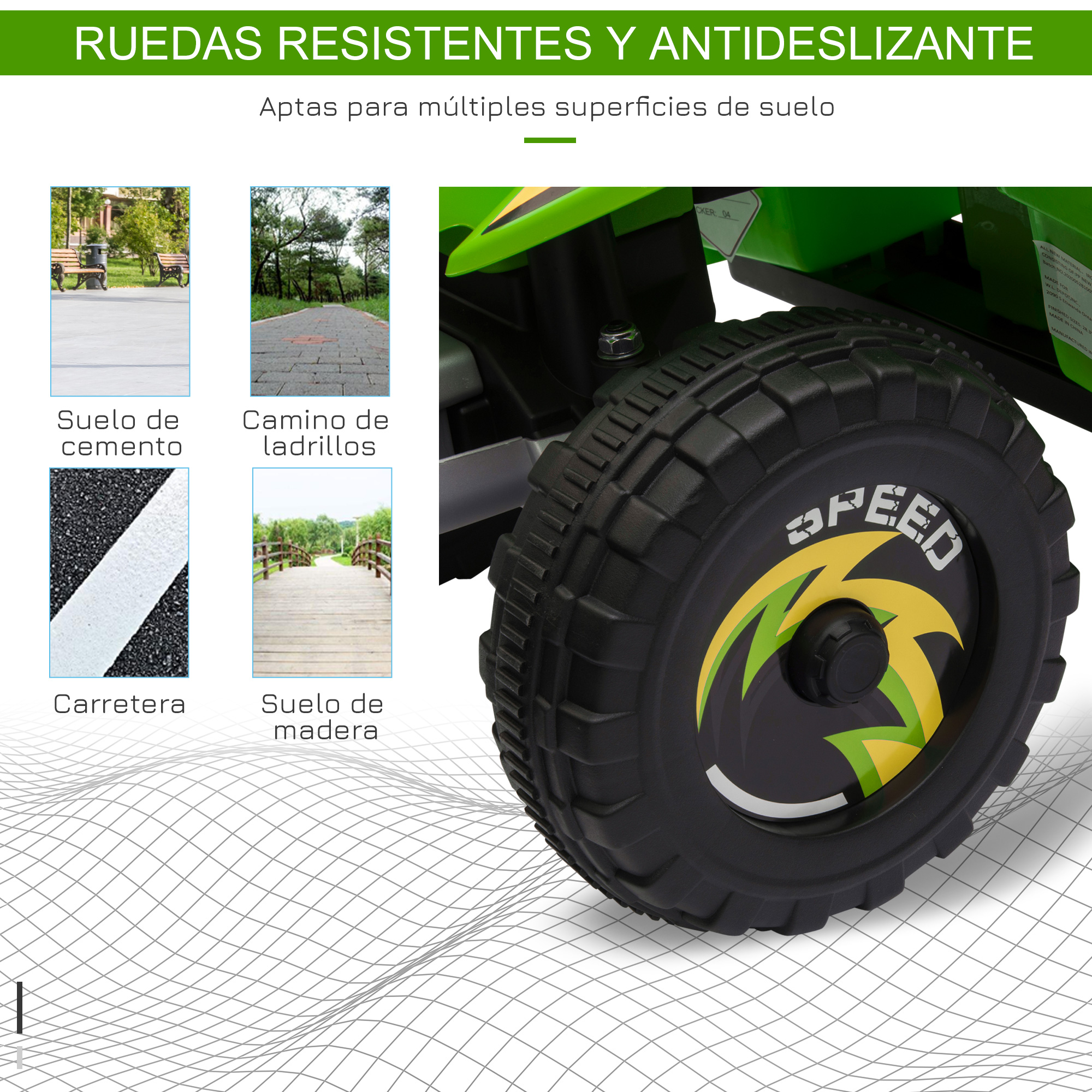 Primer plano de la rueda de un coche de juguete en diferentes superficies: cemento, ladrillo, carretera y madera. Neumáticos antideslizantes.