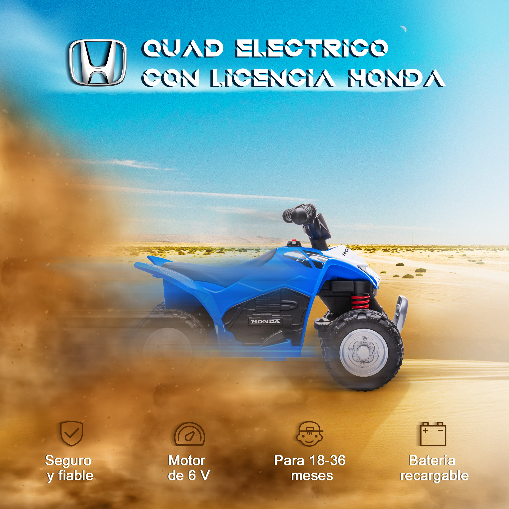 Quad eléctrico azul y blanco con licencia. Un ATV azul sobre suelo arenoso con texto.