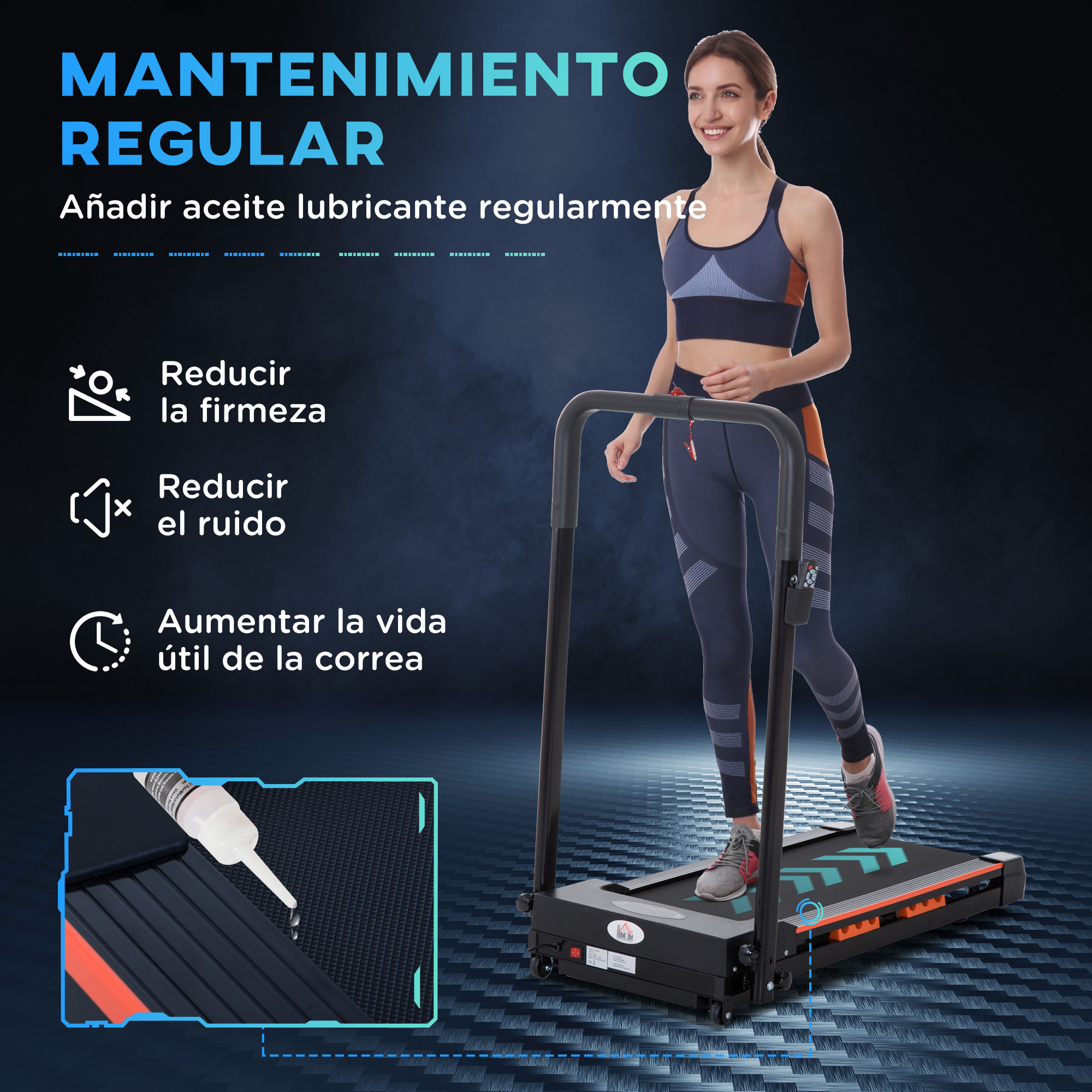 Mujer corriendo en una cinta de correr. El texto promueve el mantenimiento regular. La imagen muestra una botella con aceite lubricante.