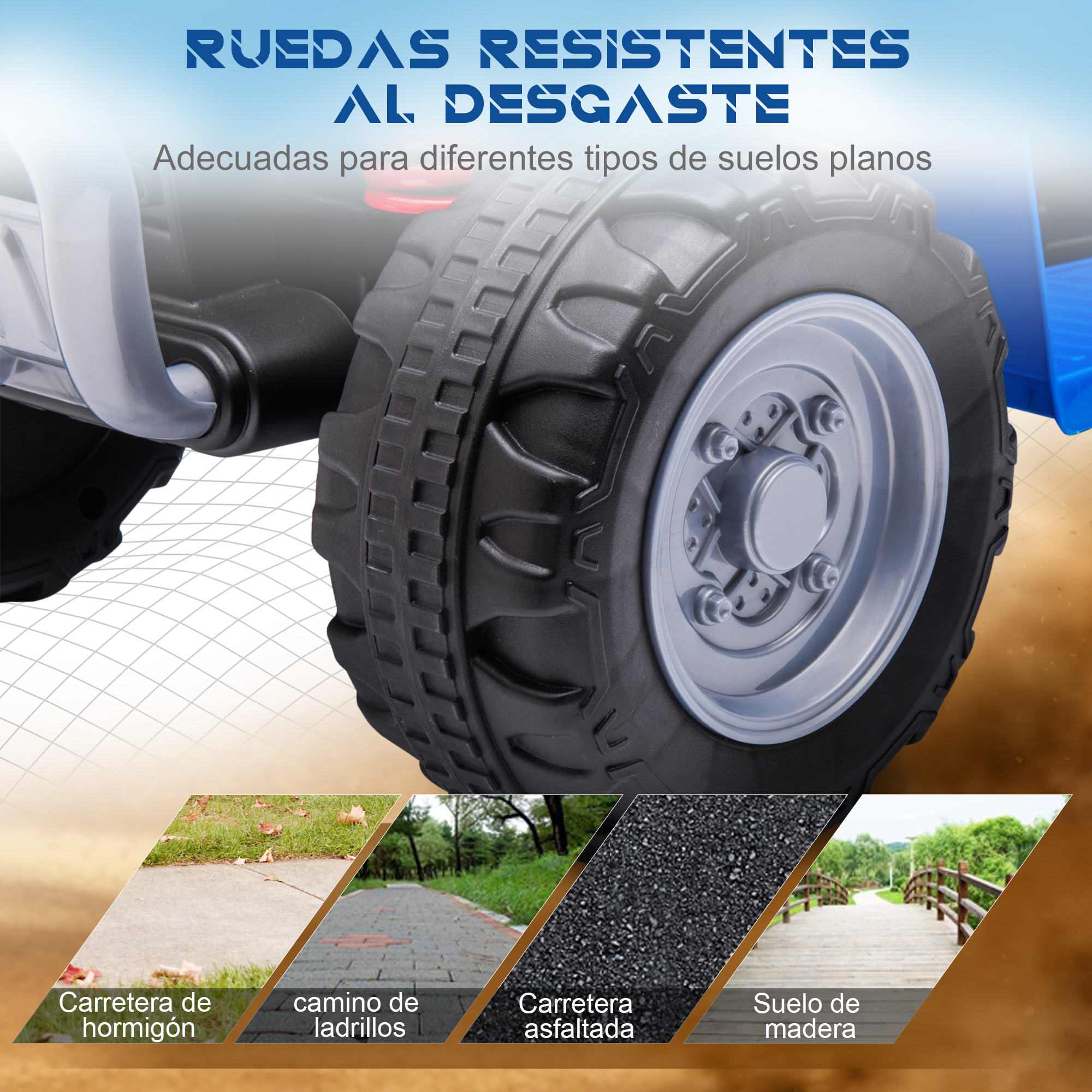 Neumático negro en un camión de juguete azul. Se muestran diferentes superficies: hormigón, ladrillo, asfalto y madera.
