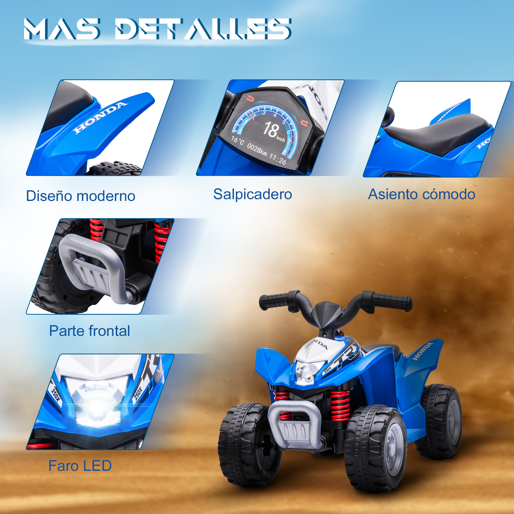 ATV de juguete azul con múltiples detalles. Incluye un diseño moderno, un salpicadero y un asiento cómodo.
