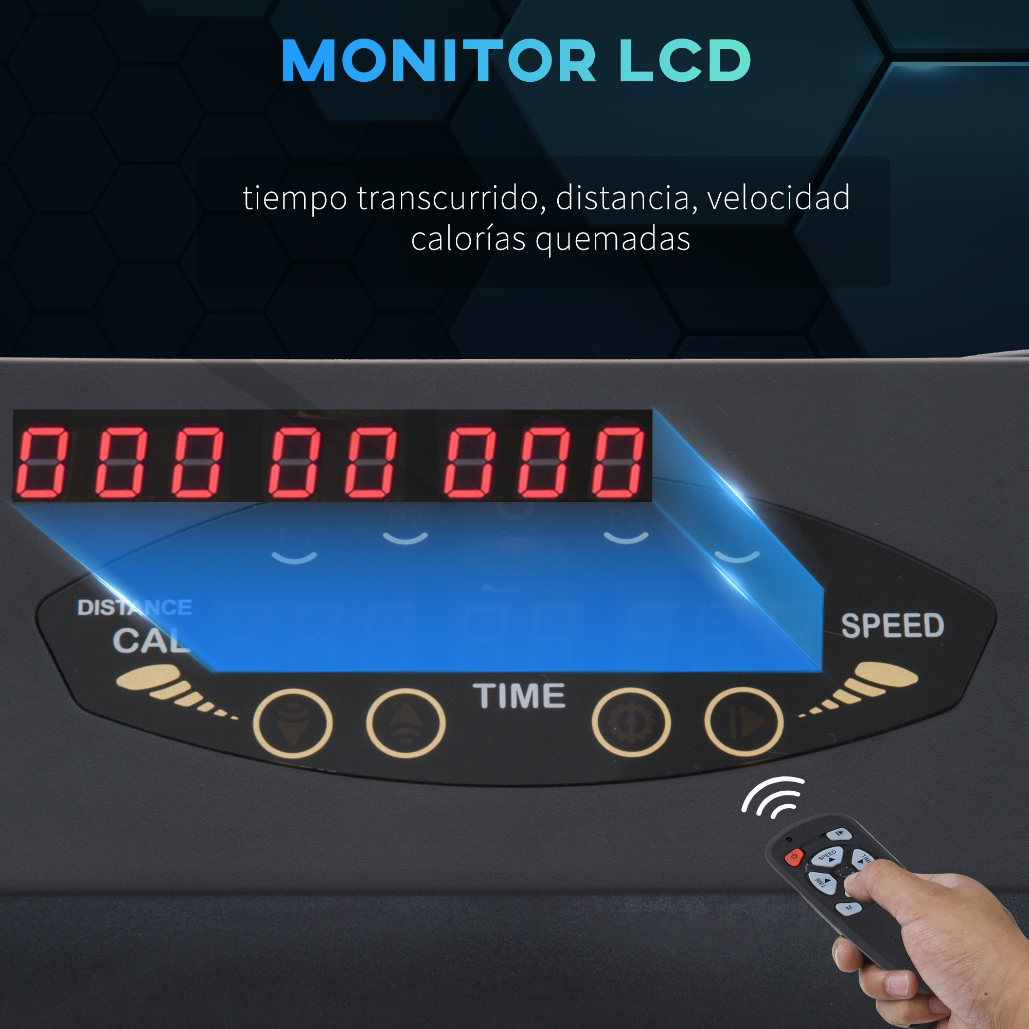 Una pantalla digital que muestra tiempo, distancia, velocidad y calorías. Se ve un mando a distancia.