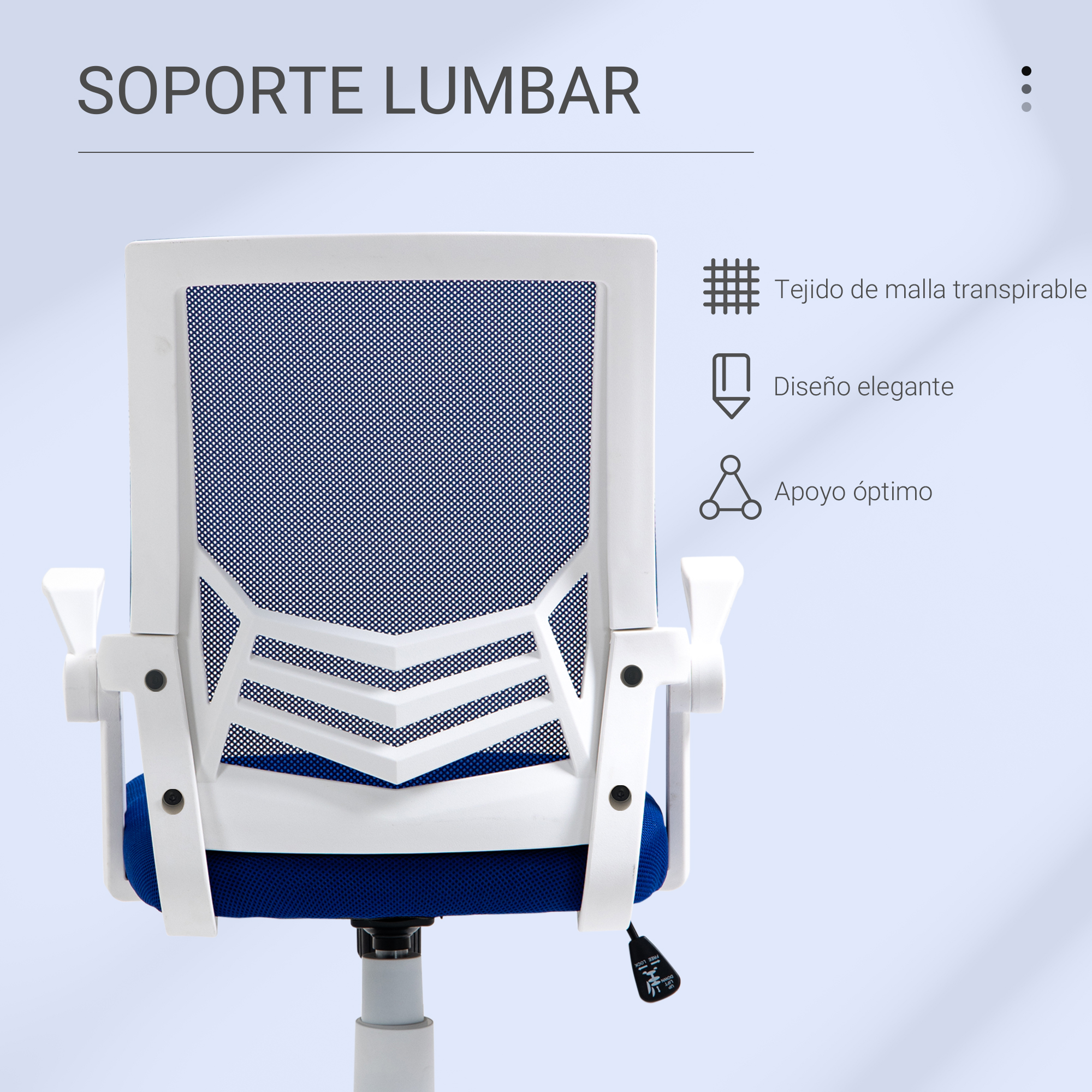 Primer plano del respaldo de una silla de oficina con respaldo de malla azul y marco blanco.