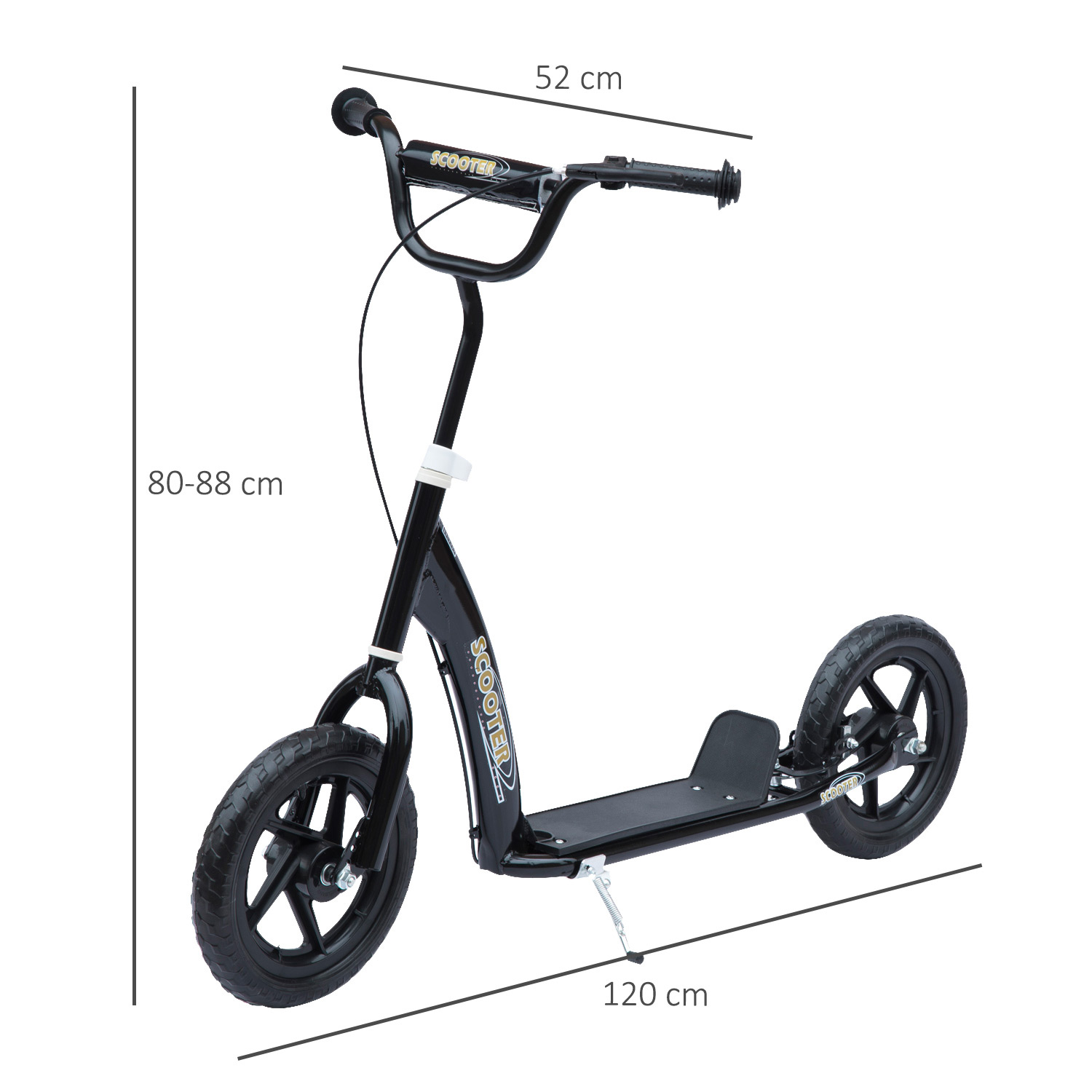 Scooter negro con dimensiones. Muestra el manillar, las ruedas y la plataforma. Las medidas incluyen altura y longitud en cm.