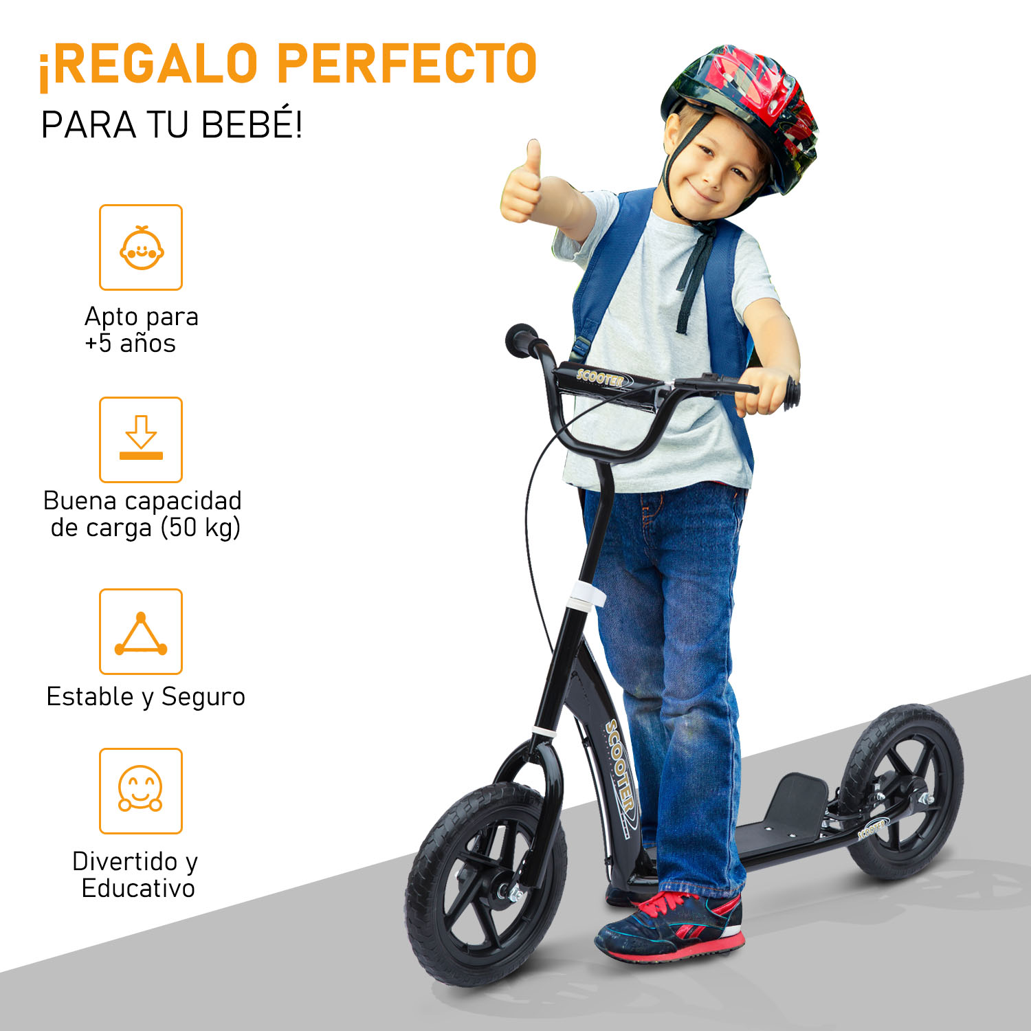 Un niño montando un patinete negro, con casco, con texto sobre ser un regalo perfecto.