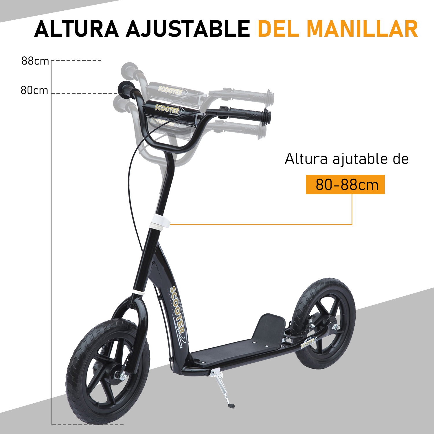Scooter negro con altura de manillar ajustable. Tiene ruedas grandes y está sobre fondo blanco.