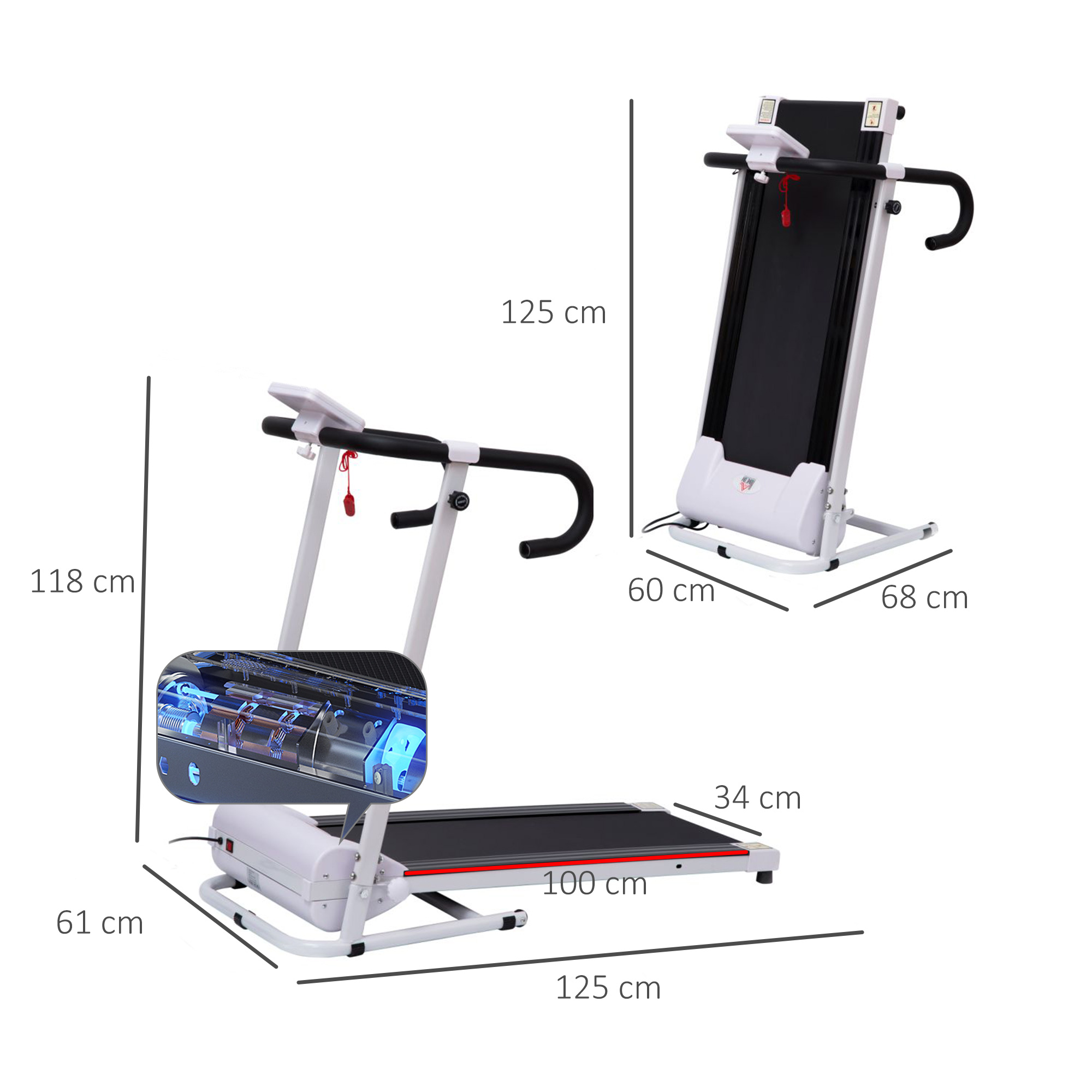 Un tapis roulant con dimensioni. È bianco con superficie di corsa nera e dettagli rossi.