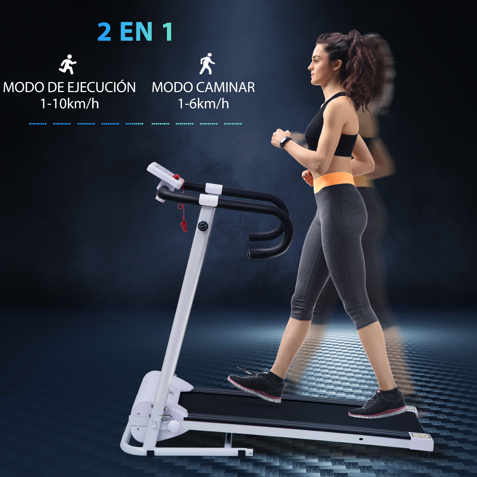 Una mujer corriendo en una cinta de correr. El texto indica las velocidades para los modos de correr y caminar.