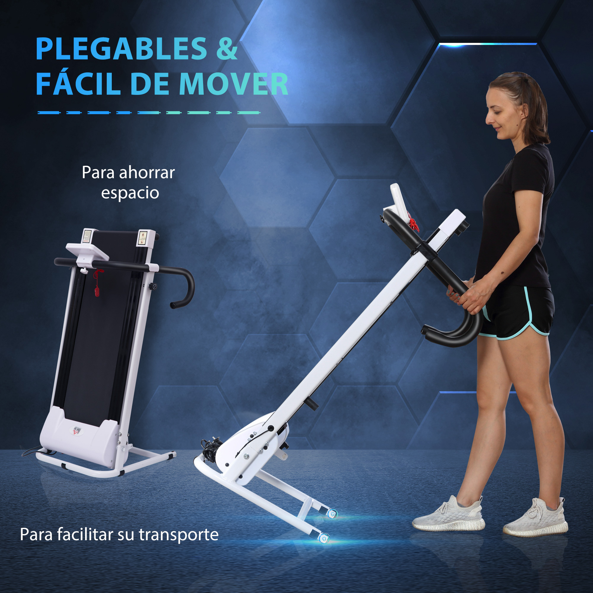 Mujer doblando una cinta de correr. Texto dice 'Plegable y fácil de mover' y 'Para ahorrar espacio'.