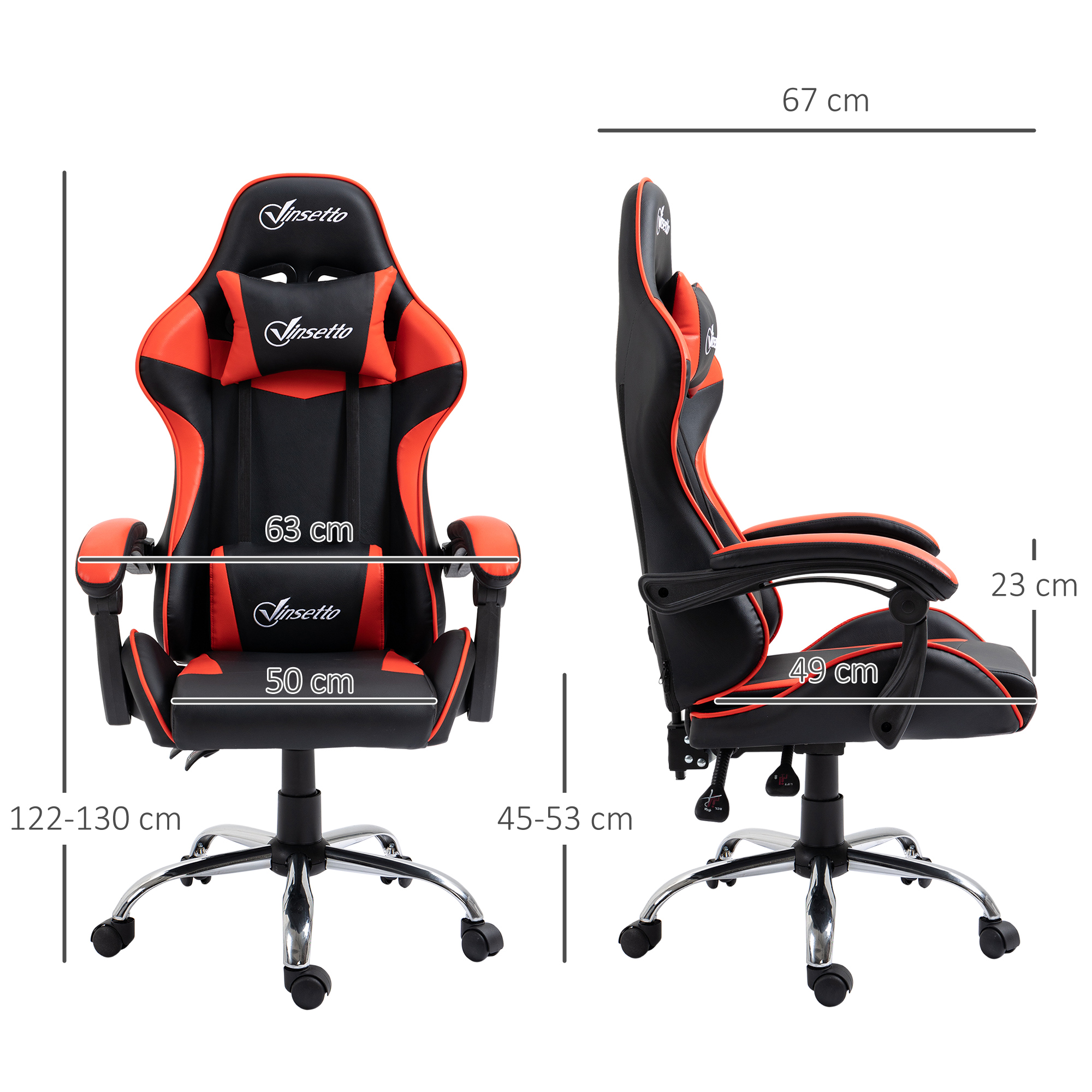 Silla gaming: roja y negra con medidas. Base plateada con ruedas. Dimensiones mostradas.