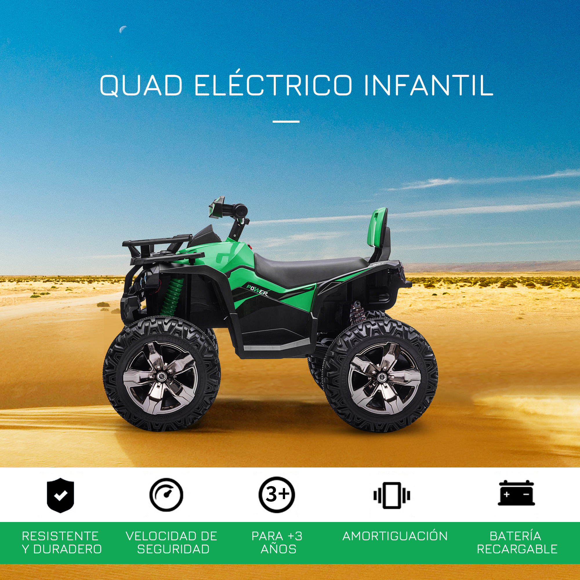 Un quad eléctrico verde para niños sobre un fondo desértico. Es duradero, seguro y adecuado para mayores de 3 años.