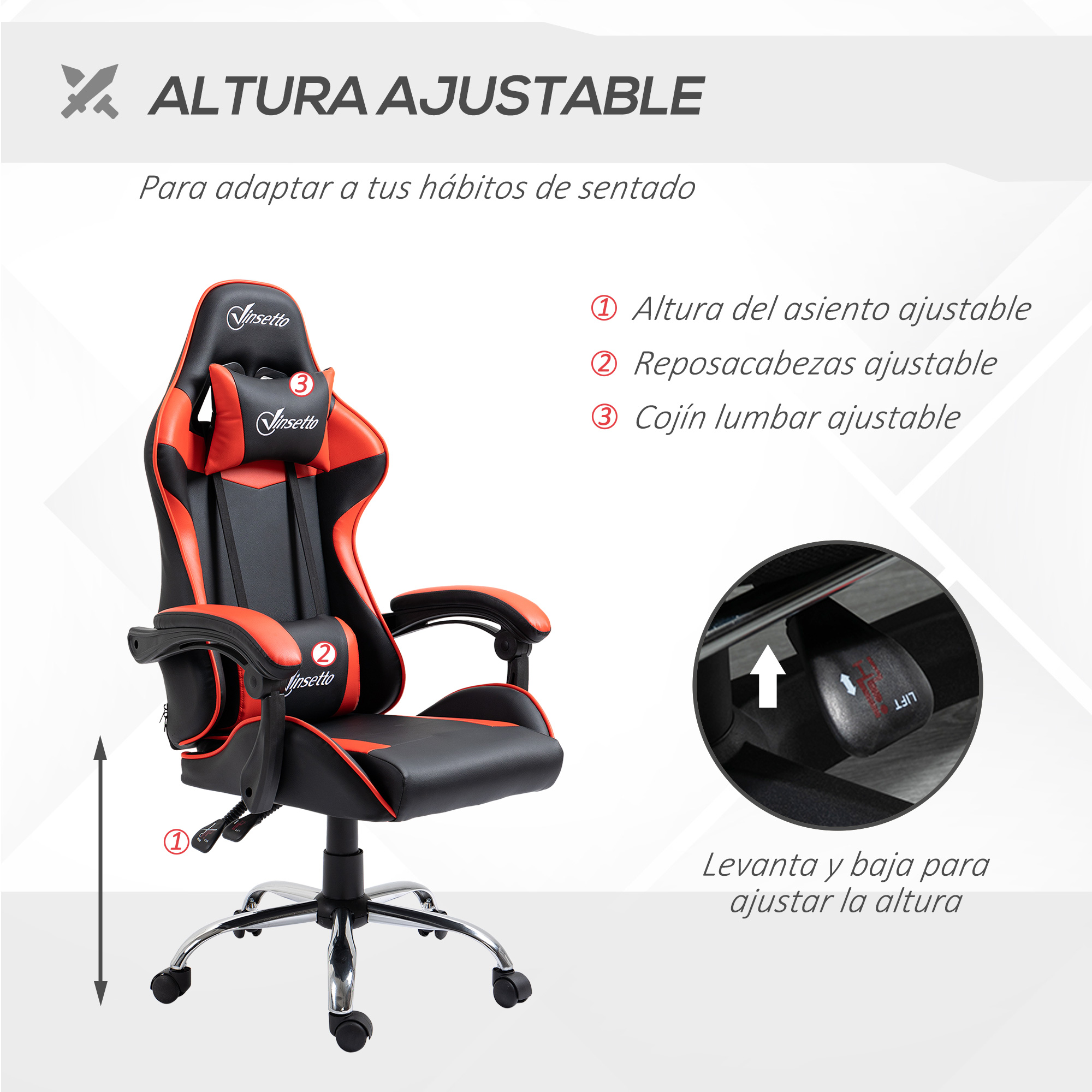 Silla gamer negra y roja con altura ajustable y características.