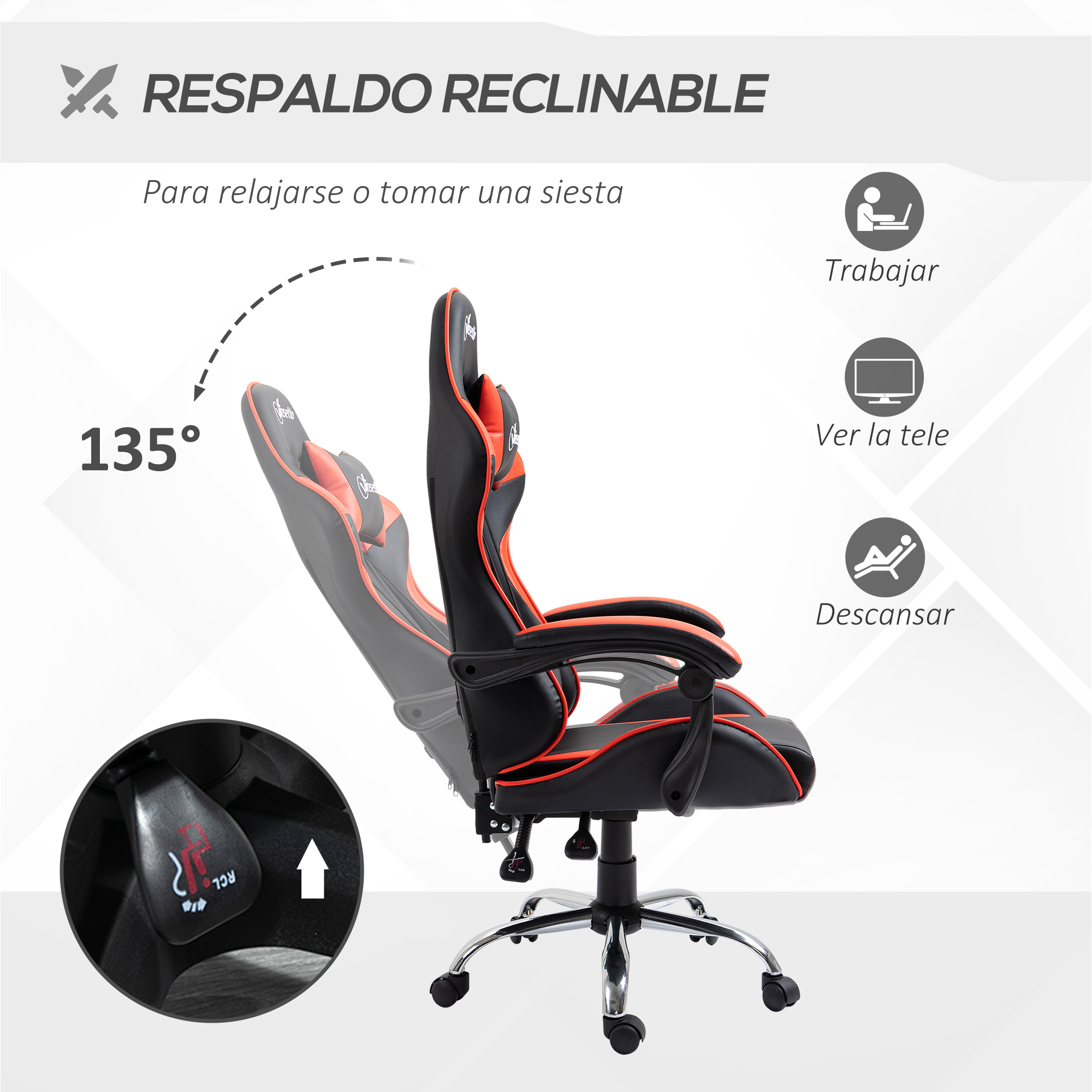 Silla gamer reclinable que muestra 135 grados de reclinación para relajarse.