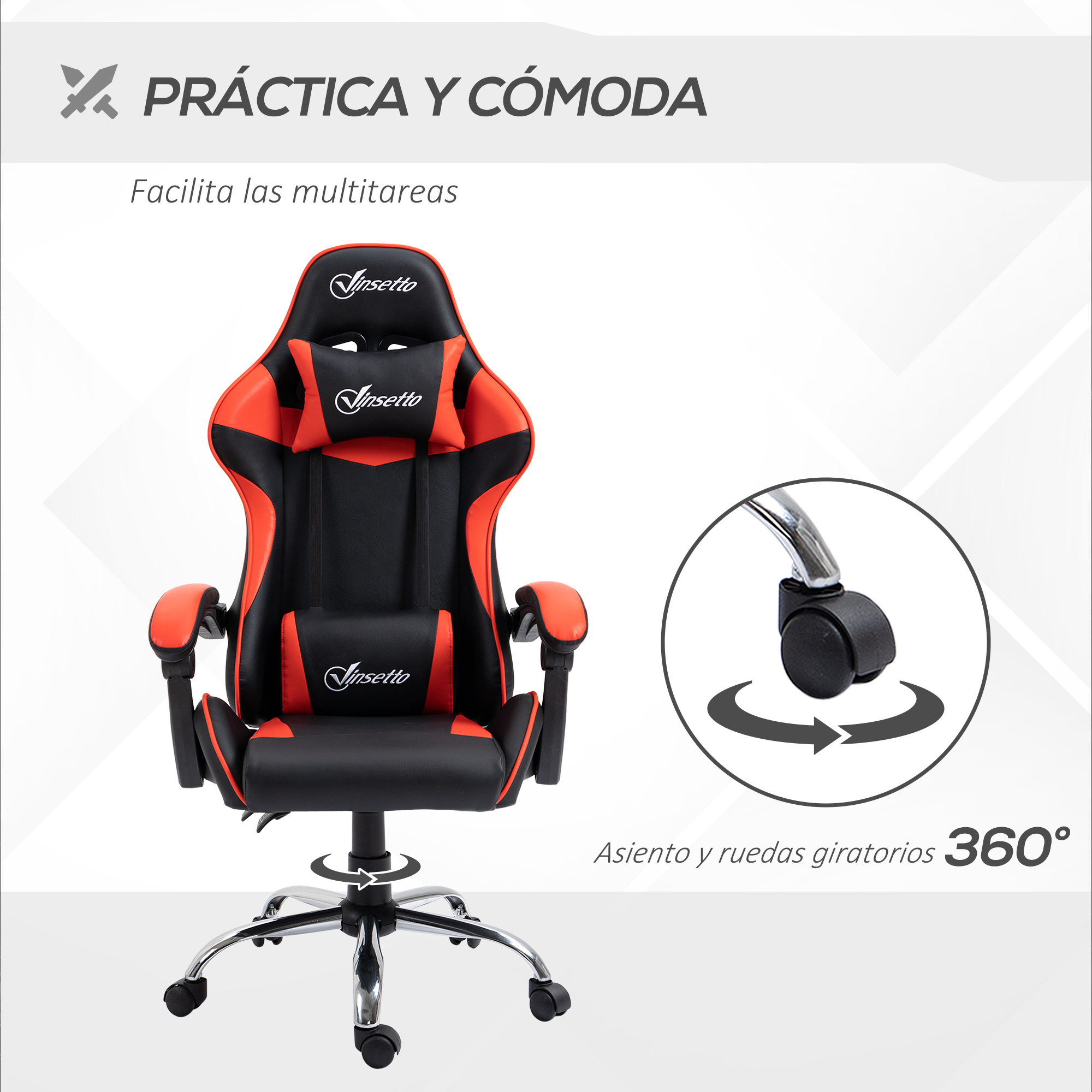 Una silla gamer negra y roja sobre una base cromada. Incluye reposacabezas y reposabrazos.