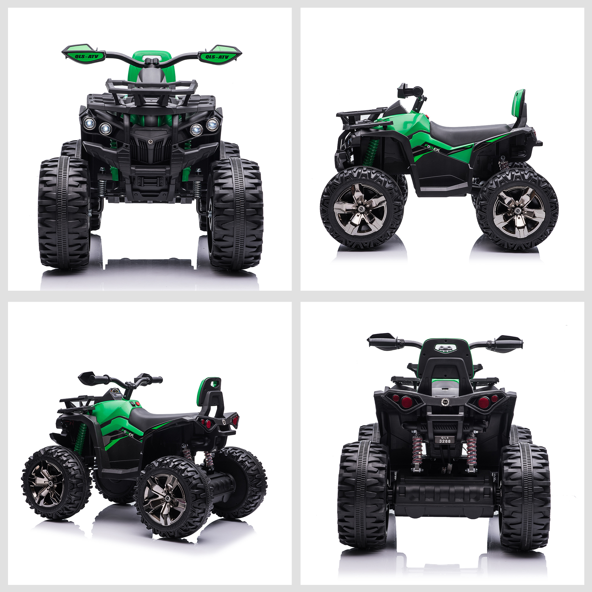 Múltiples vistas de un quad de juguete verde y negro. Vistas frontal, lateral y trasera sobre fondo blanco.