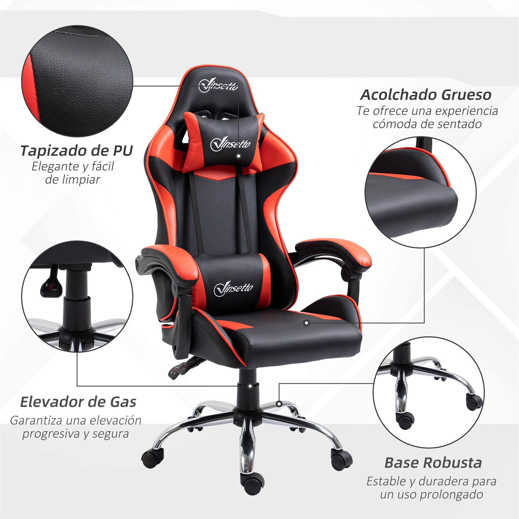 Silla gaming negra y roja con reposacabezas, reposabrazos y base robusta con ruedas.