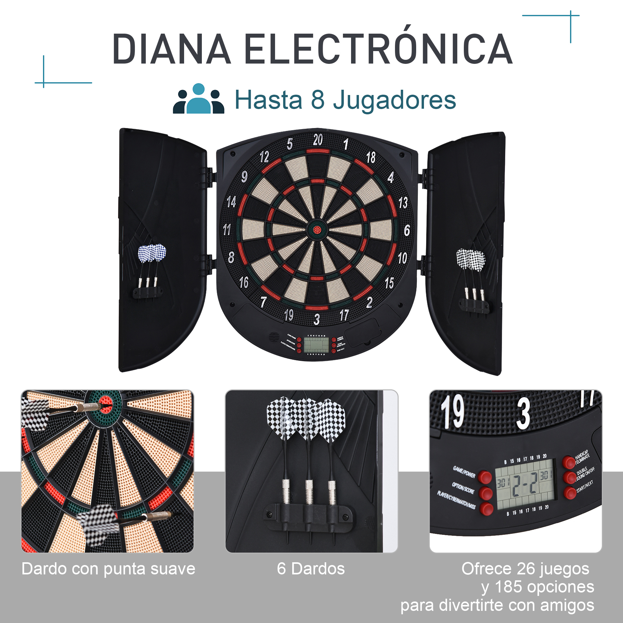Diana electrónica con dardos y una pantalla. El tablero es negro, con un objetivo colorido.
