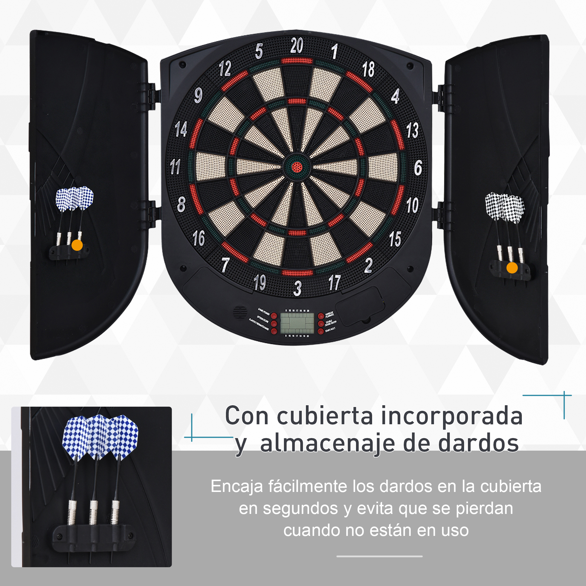 Un tablero de dardos con dardos y almacenamiento. El tablero está contra un gabinete negro.