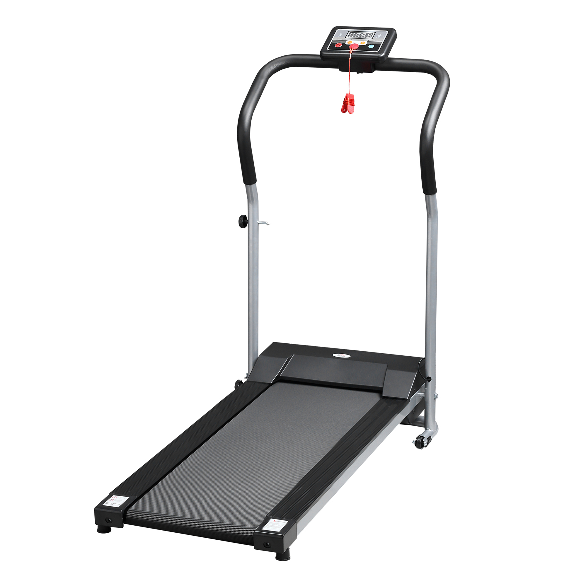 Un tapis roulant. Ha una superficie di corsa nera, un pannello di controllo e maniglie.